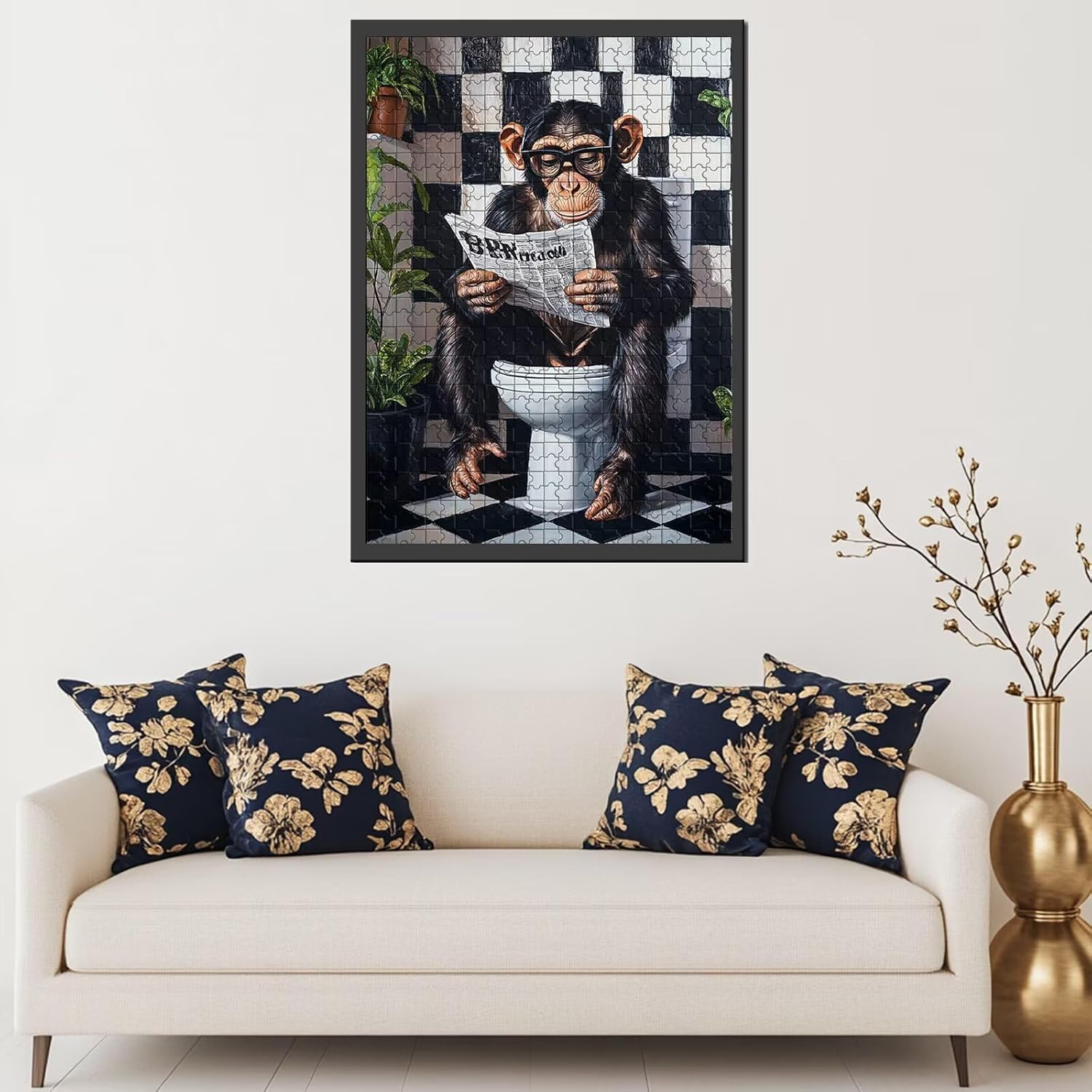 Monkey Sitting on Toilet 1000 Piece Jigsaw Puzzles for Adults Monkey Reading Newspaper Art Puzzle Colorful DIY Puzzles for Home Decoration Gifts Family Puzzle Perfect for Game Nights 20×27 Inches