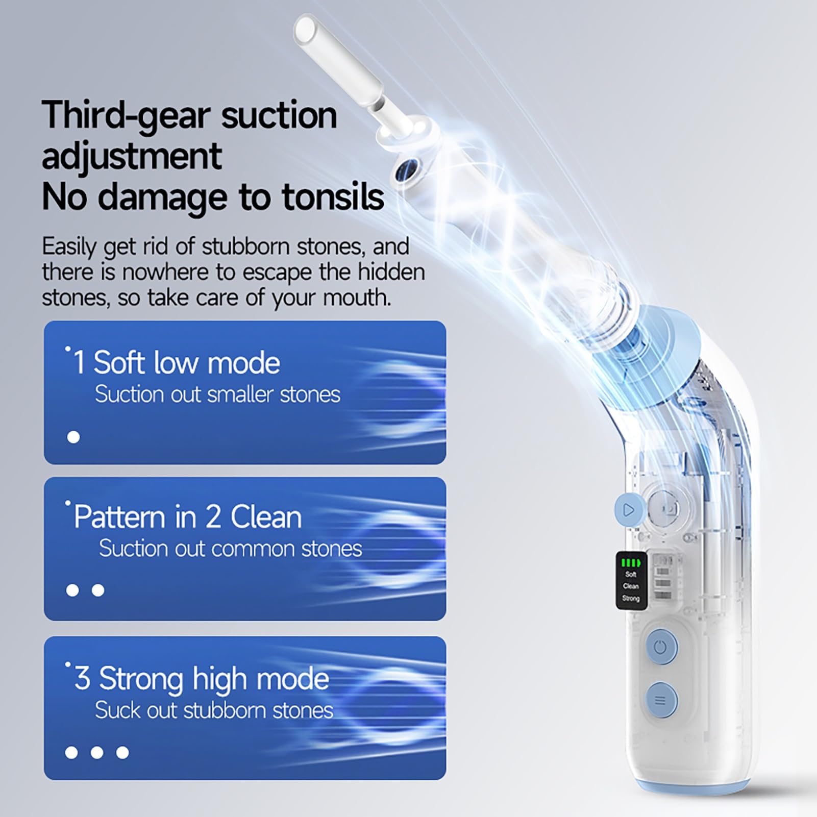 Outil pour la suppression des calculs amygdaliens avec lumière LED 900 Mah Aspirateur pour calculs amygdales Soins de santé bucco-dentaire et nettoyage sans douleur équipé de réglage de la
