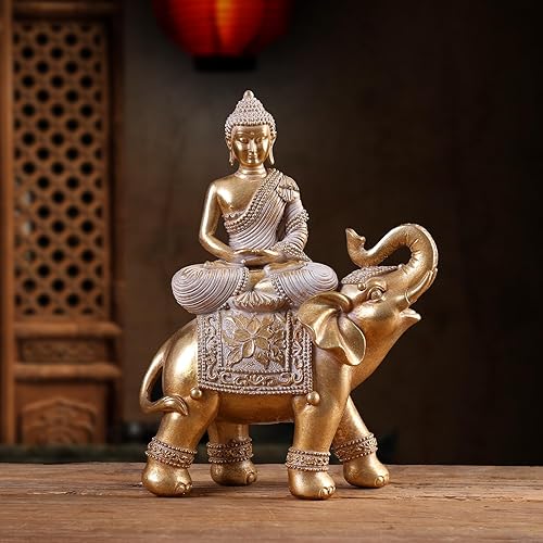 Miniatura 3 de Estatua de Buda para Decoración del Hogar en Oro de 9.25" - Estatuas de Buda Elefante para Decoración Zen - Decoración Espiritual - Decoración Feng