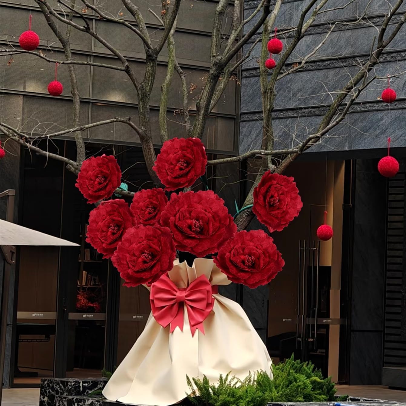 Set of 3 - Giant Red Velvet Rose Large Handcrafted Artificial Flower Props for Wedding, Home, Party, Event, Backdrop Decoration for Anniversary Birthday Valentine's Day (Red - Rose Heads Only)