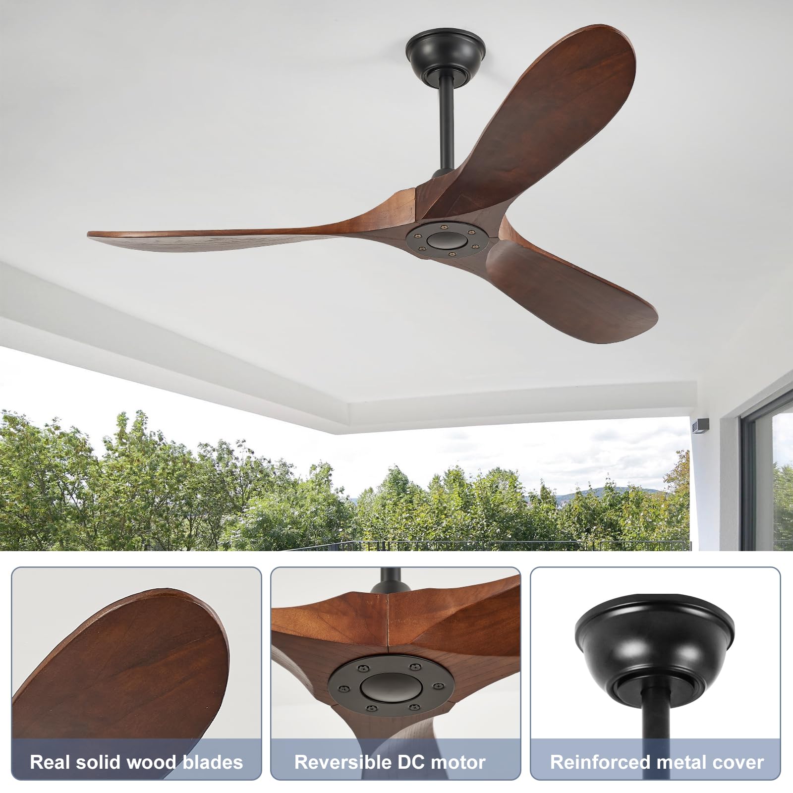 ハサモ　BAR WOOD CEILING FAN Amazon.com: YOZZAN 52'' Solid Real Wood Ceiling Fan no Light,DC