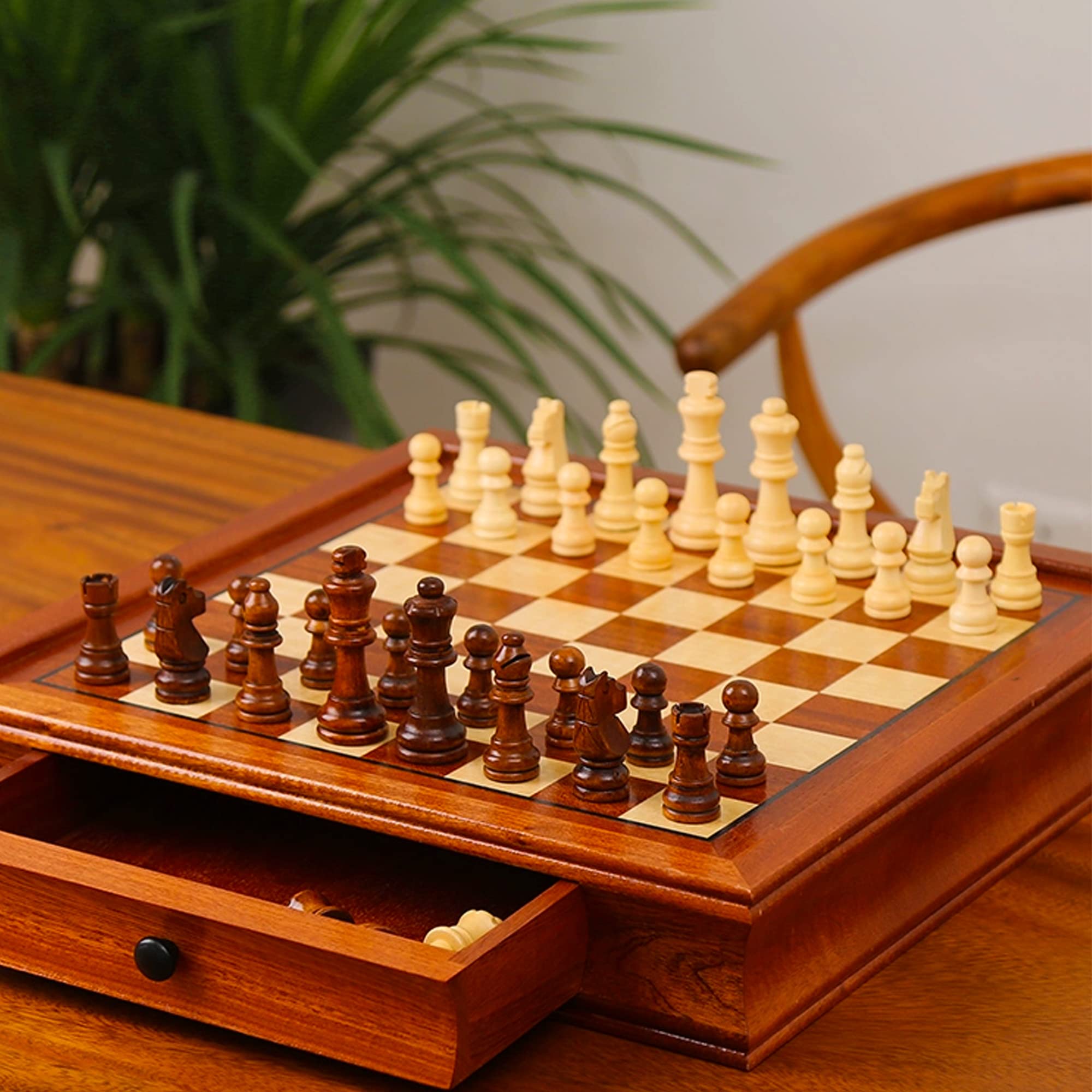 Juego de Ajedrez con Tablero Magnético, Cajón, Ajedrez Mediano Dos en uno, Madera Maciza magnética, Regalo Decorativo