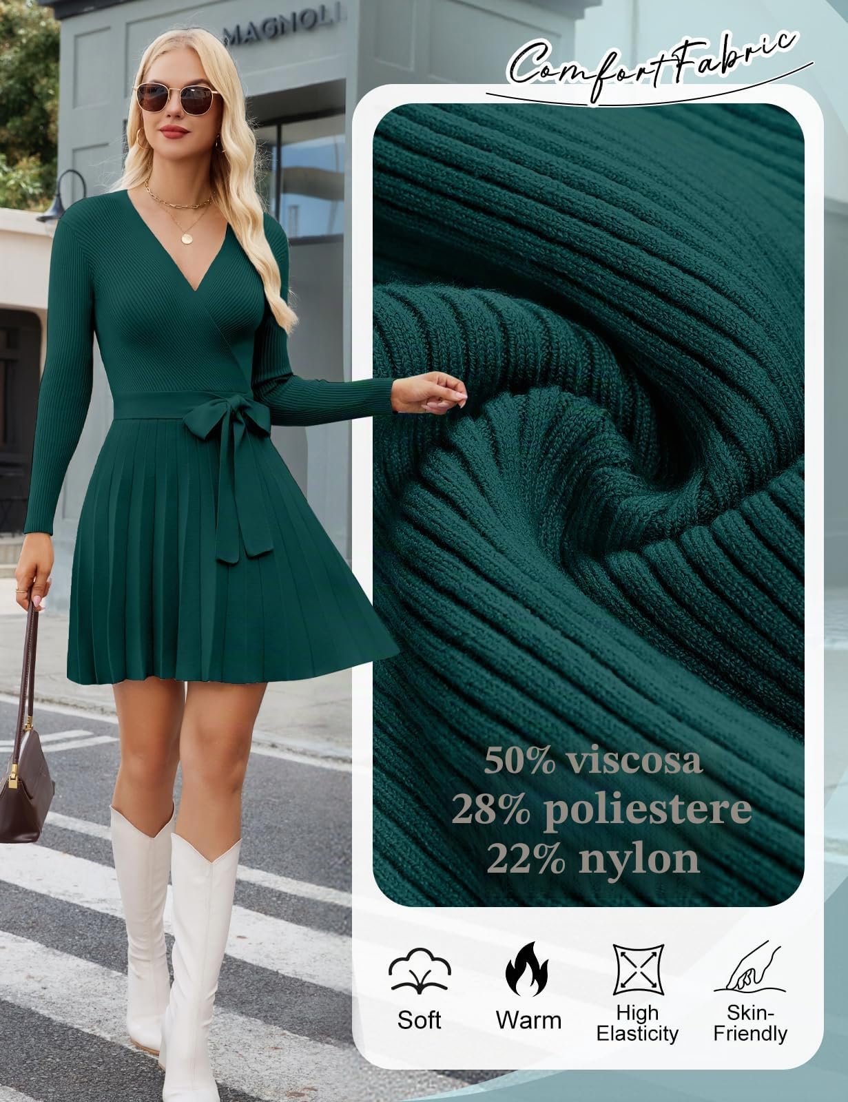 heekpek Abito Elegante Donna Invernale Scollo a V Vestito Donna Maniche Lunghe Abito di Maglia Sexy Abiti Linea A Vita Alta Mini Vestito con Cintura