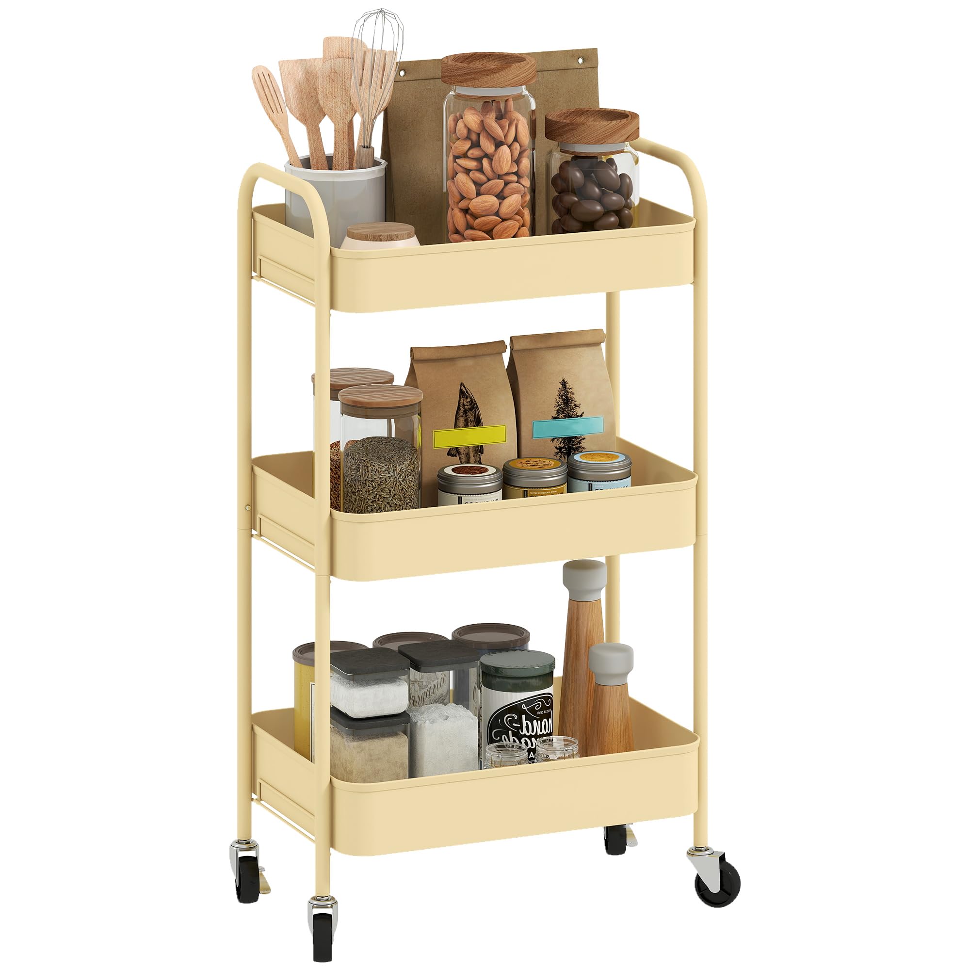 HOMCOM 3-Tier Yellow Mesh Basket Rolling Utility Cart - Steel - New