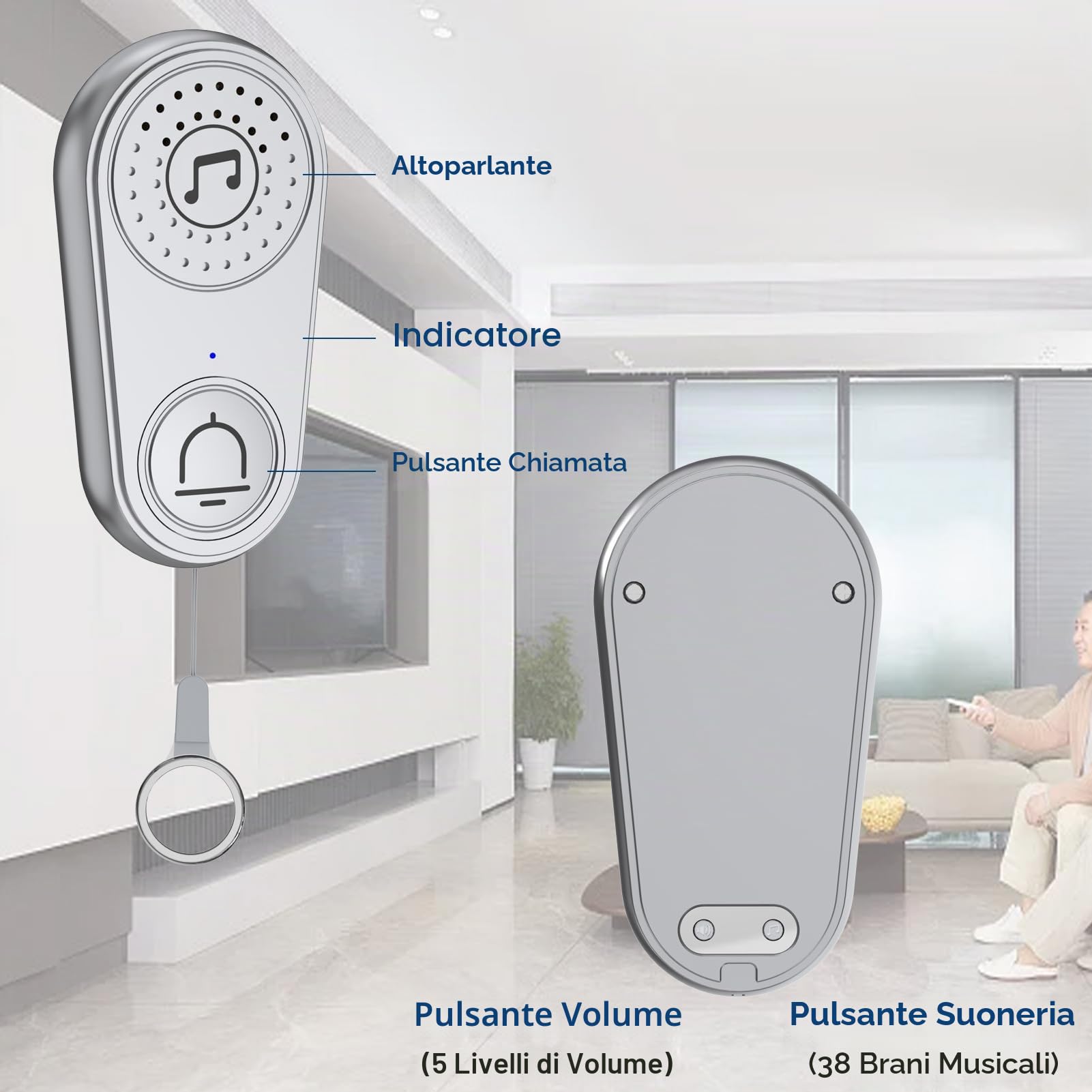 2 Pezzi Pulsante di Emergenza per Anziani 80M, Campanello per Anziani 5 Livelli di Volume 38 Suonerie, Wireless Pulsante di Chiamata Cercapersone Caregiver, Salvavita Anziani per Casa, Ospedale