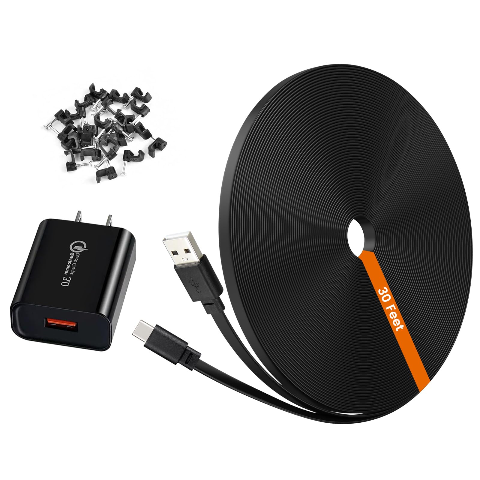 weishan 30ft Power Extension Cable for Tapo TP-Link 2K QHD C121 Security Cam - 9m USB C Long Flat Charging Cord with 18W Fast Charger, Black