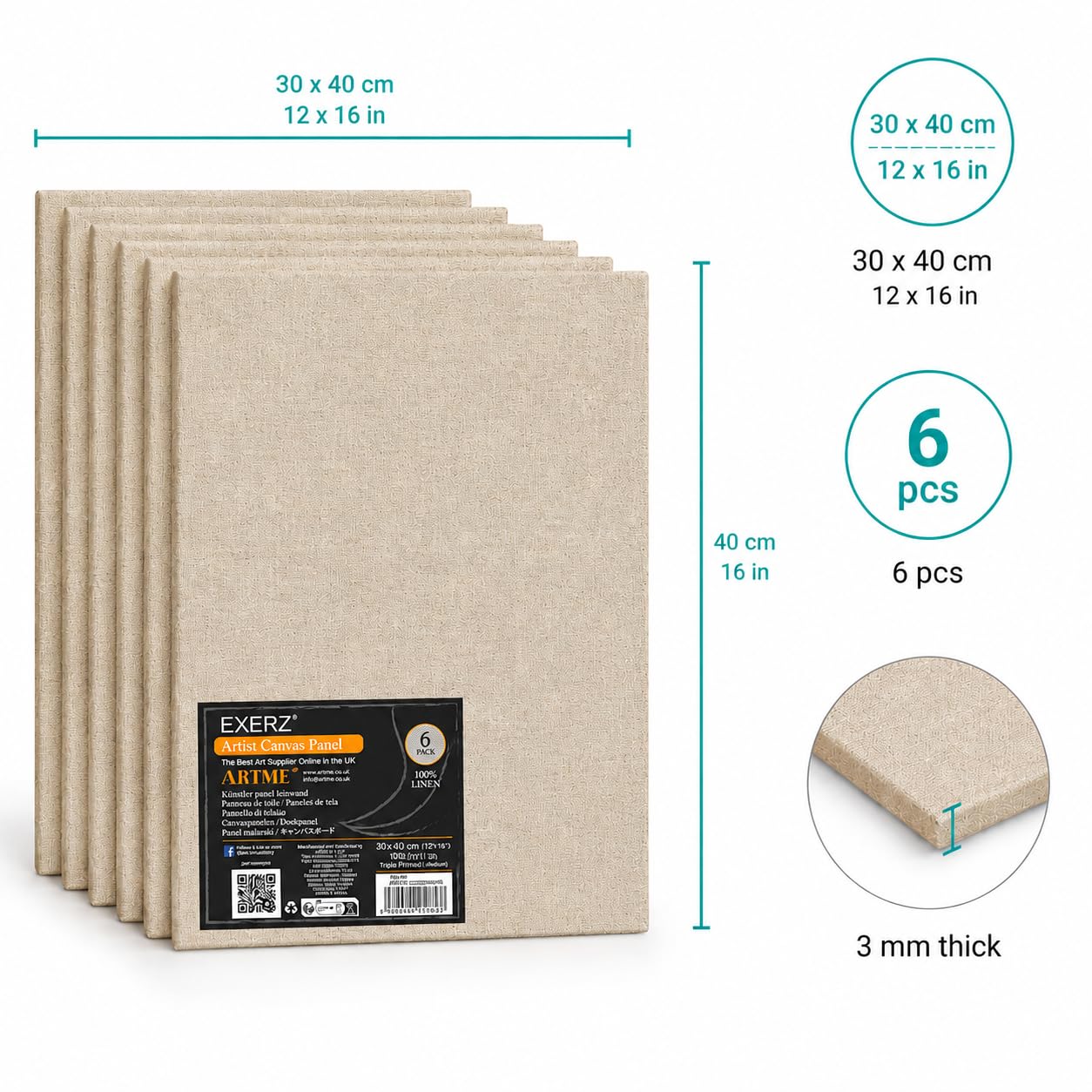 Pannelli in tela 100% lino 30x40cm 320 g/m² tripla primer per artisti
