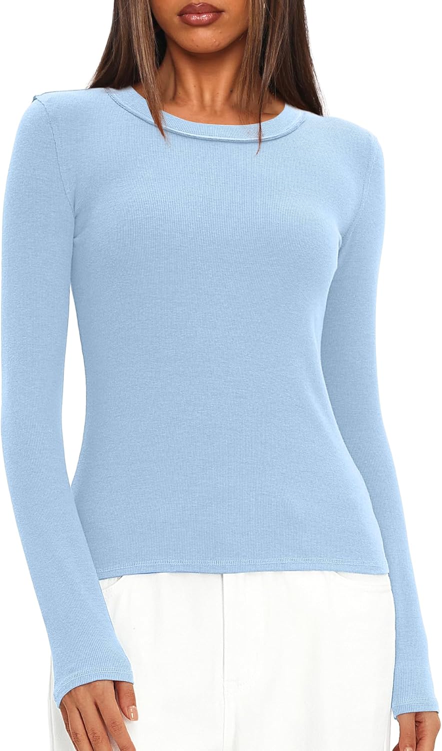 Darong Long Sleeve Shirts for Women Crew Neck Rib Knit Slim Fit Tops Basic Tee Casual T-Shirt Layer Clothes