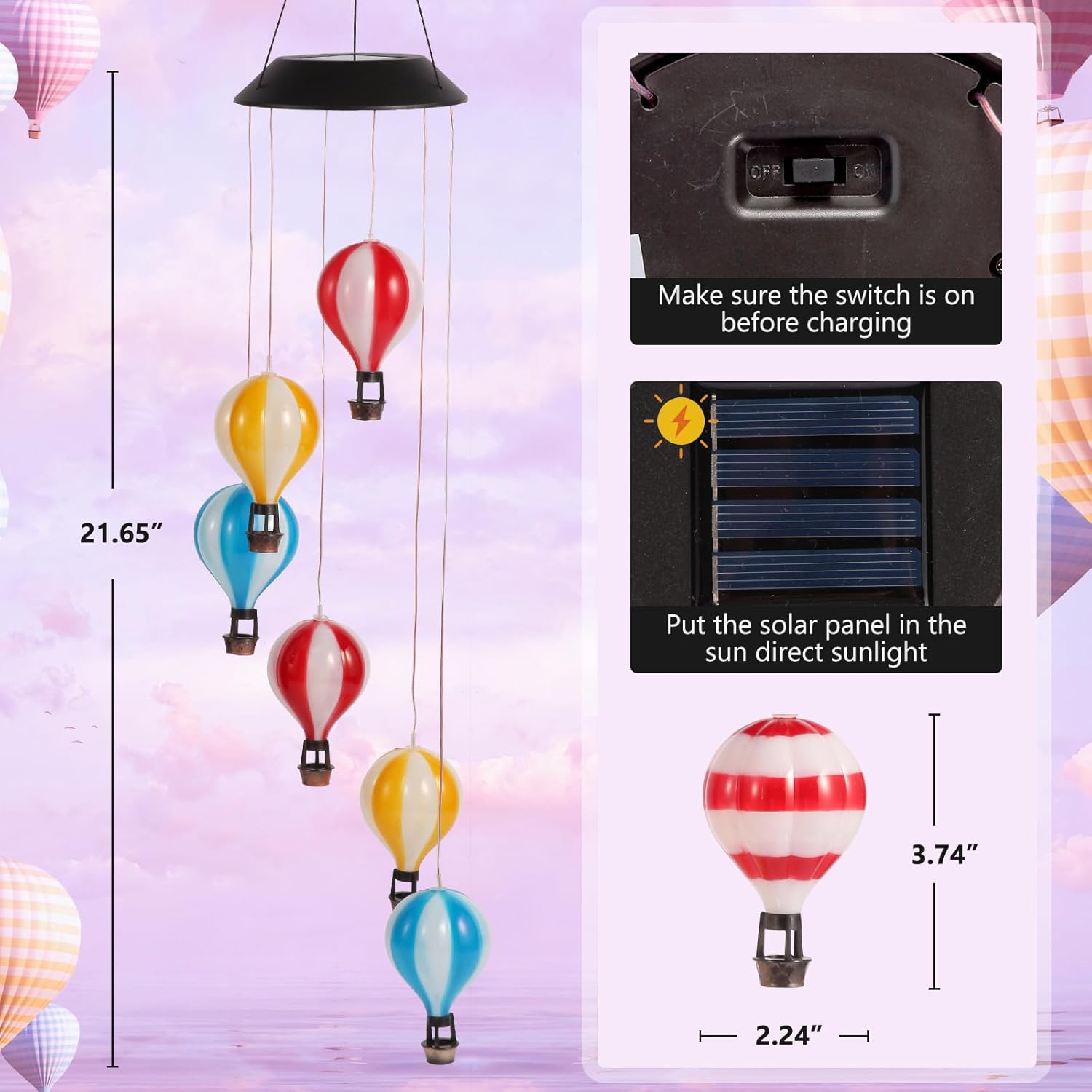 Solar Wind Chimes for Outside, Color Changing Hot Air Balloon Wind Chimes Solar Lights for Outside Garden Outdoor Patio Décor, Gifts for Mom Birthday Gifts for Women Grandma Wife Friend - Image 6