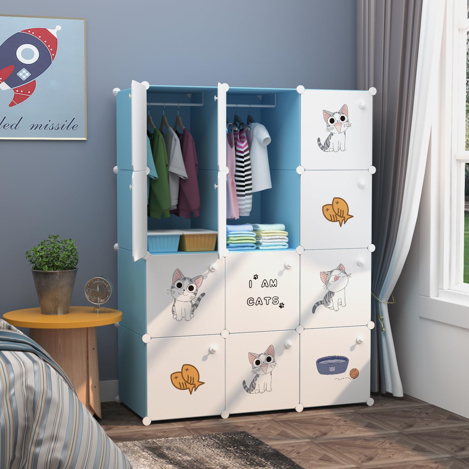 Sunderlook Plastic Wardrobe for Kids Clothes – Collapsible Wardrobe, Easy to Use Anti-Skid & Non-Slip Effective Professional Foldable Plastic Cupboard for Kids, Home (Blue-KTG2, 12 Door)