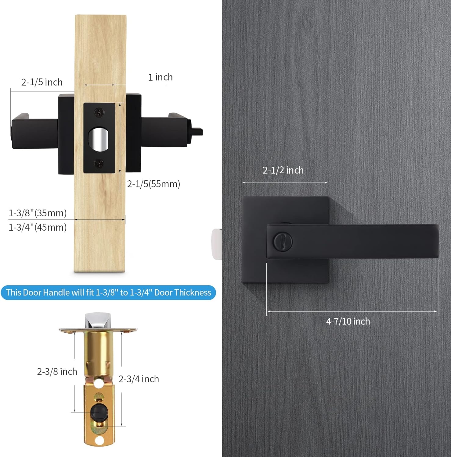 4 Pack Black Interior Door Handle, Shower/Bed Privacy Door Knobs, Modern Door Lever Without Key, Turnable Door Handles Heavy Duty, for Left or Right Side Doors