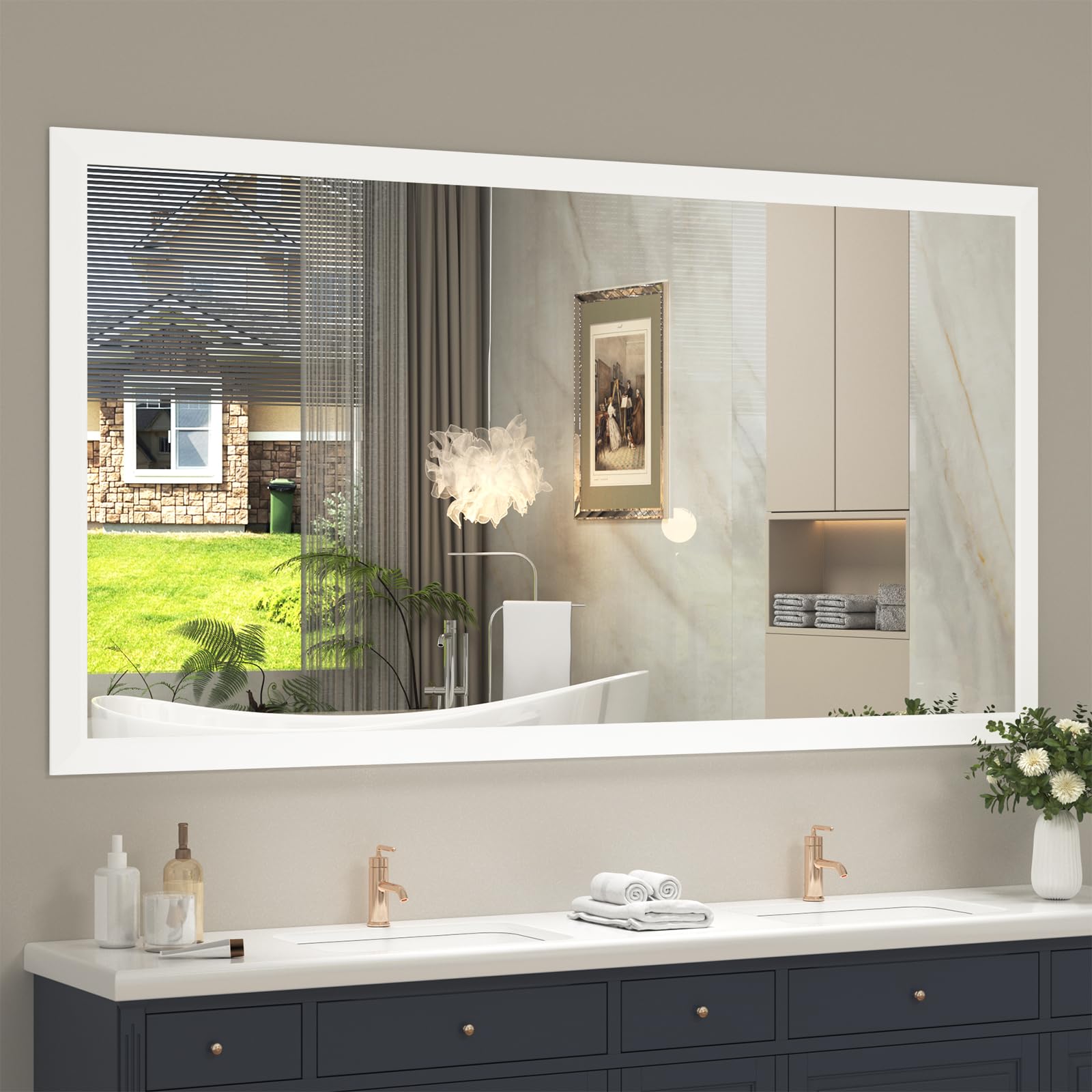 View 1 of ***STOCK PHOTO FOR REFERENCE ONLY***SMIROR 66" x 36" White Bathroom Vanity Mirror