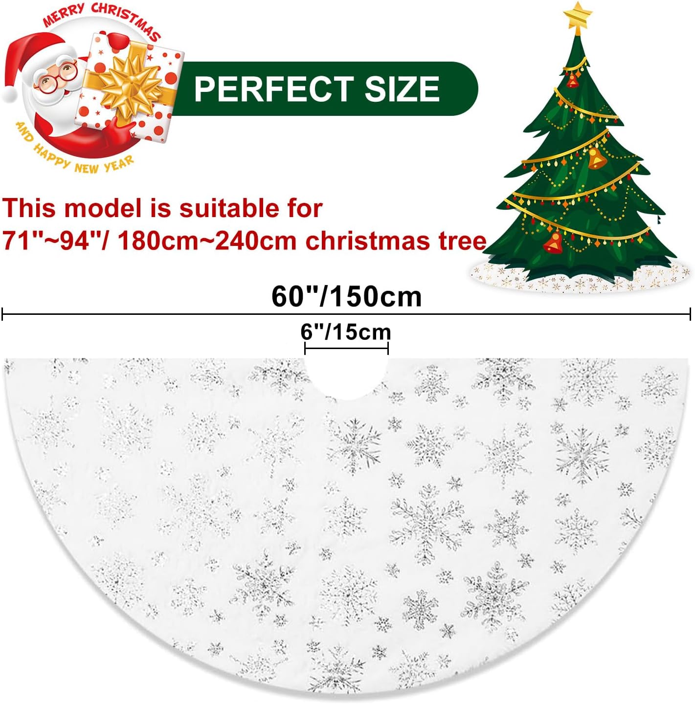 Lanpn Christmas Tree Skirt 60 inch, Xmas Tree Skirt with Snowflake Winter Christmas Tree Mat for Extra Large Artificial Trees Winter Home Party Holiday Indoor Xmas Decor (Silver, 150cm)