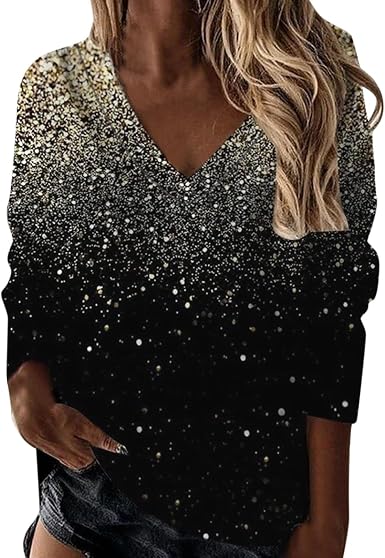 Amazon.com: Blusa de manga larga con lentejuelas brillantes y cuello en V  para mujer, blusa de entrenamiento suelta : Ropa, Zapatos y Joyería