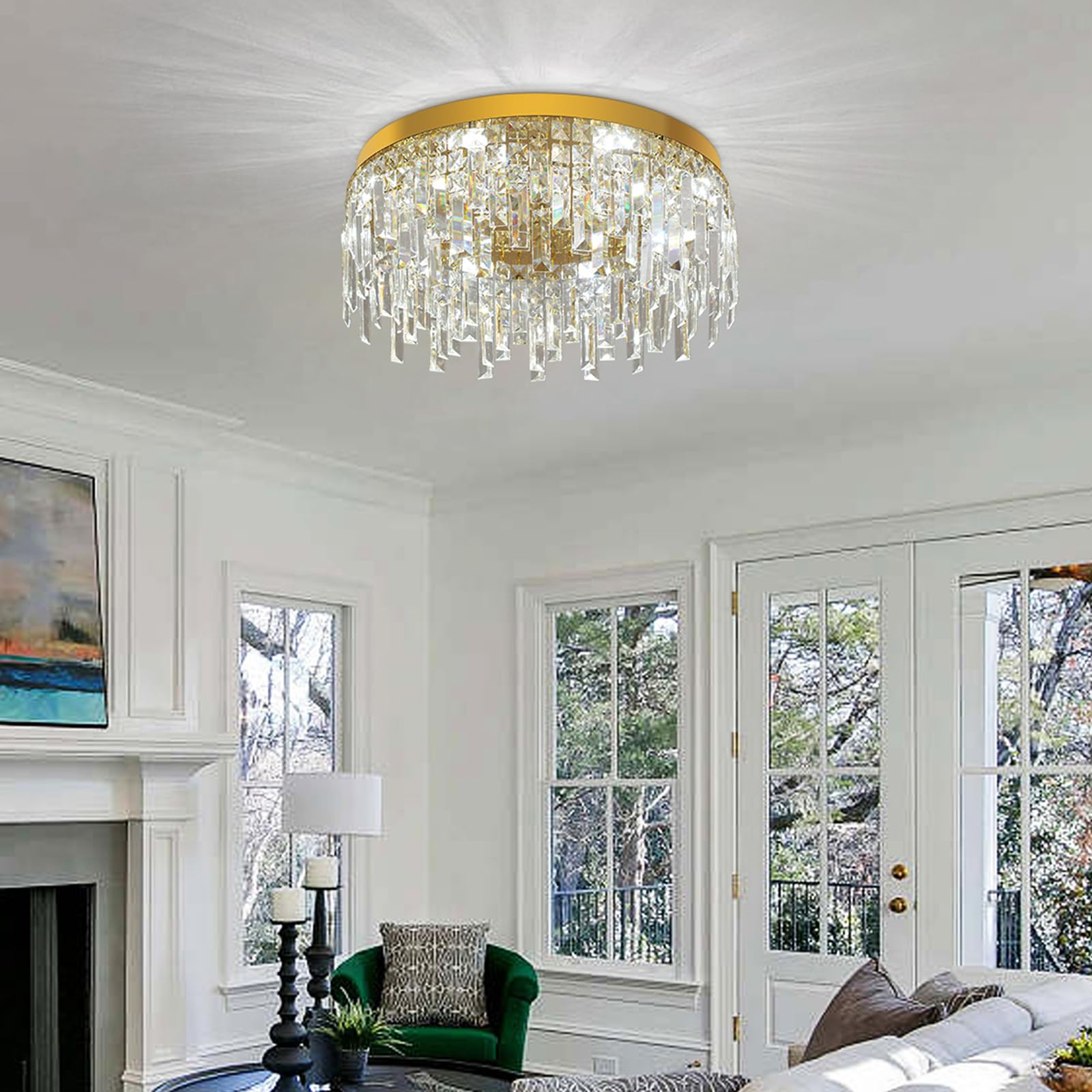 VETRULUS Lampadario Rotondo in Cristallo Oro 50cm – Plafoniera a Filo Soffitto di Lusso per Sala da Pranzo, Camera da Letto, Cucina, Soggiorno