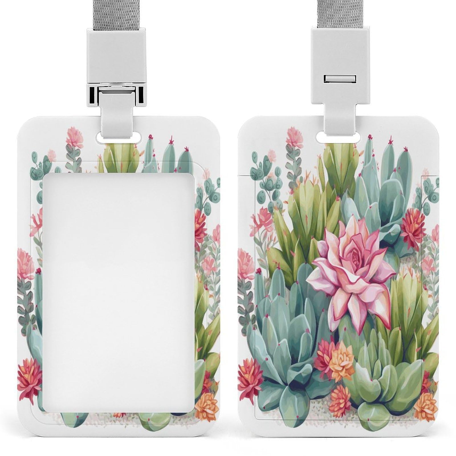 Colorful Cactus Badge Holder Sliding ID Badge Holder with Clear Window Vertical Plastic Card Case Protector Pouch for Nurse Officer Teacher Security Staff Women Men