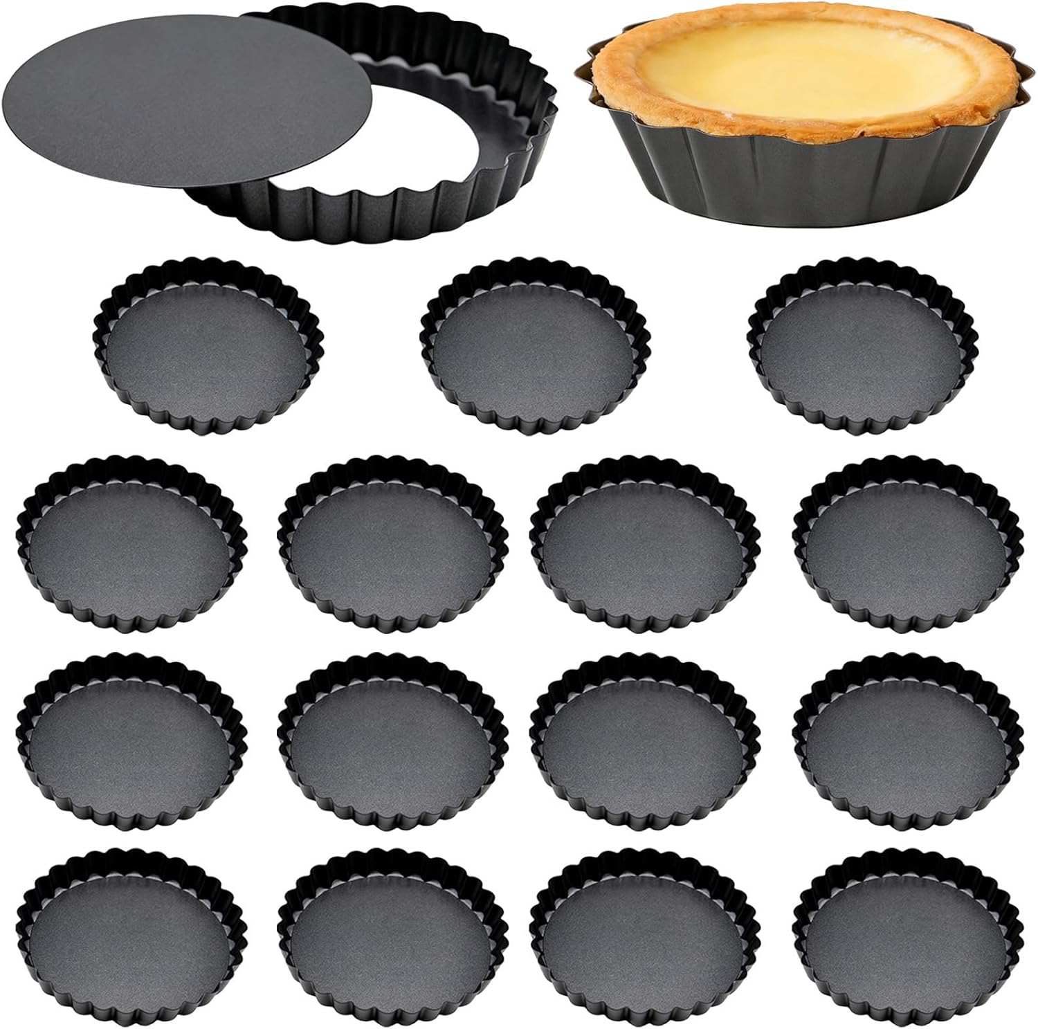 16 Pcs 3.1 in Tart Pan Set, Removable Bottom Carbon Steel Mini Quiche Pans, Fluted Design for Baking Tarts