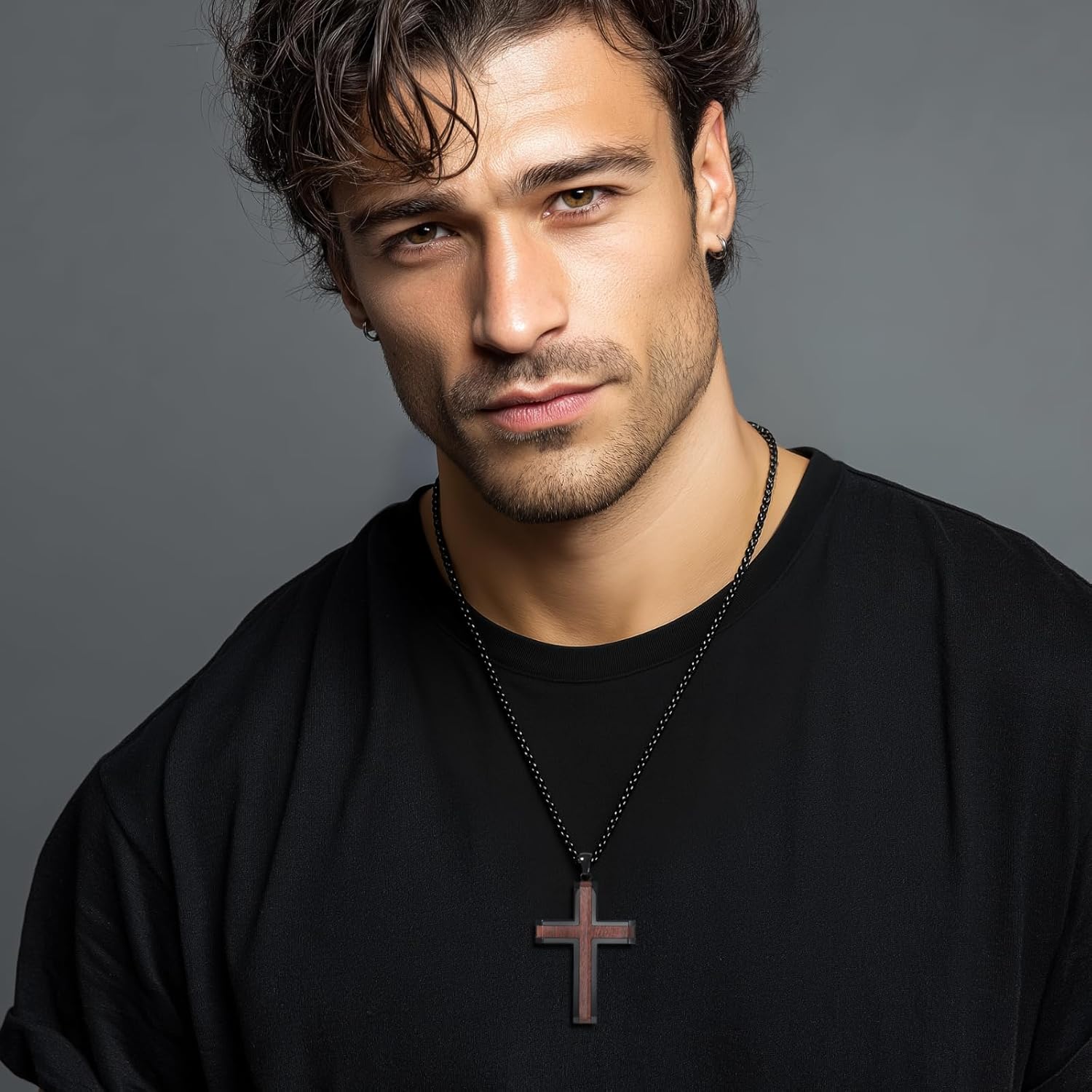 Wooden Cross Necklace for Men, Authentic Handmade Ebony Production, Black Mens Cross Necklaces Christian Baptism Pendant, 24 Inch Stainless Steel Box Chain, Simple Jewelry Gifts Suitable for Men - Image 3