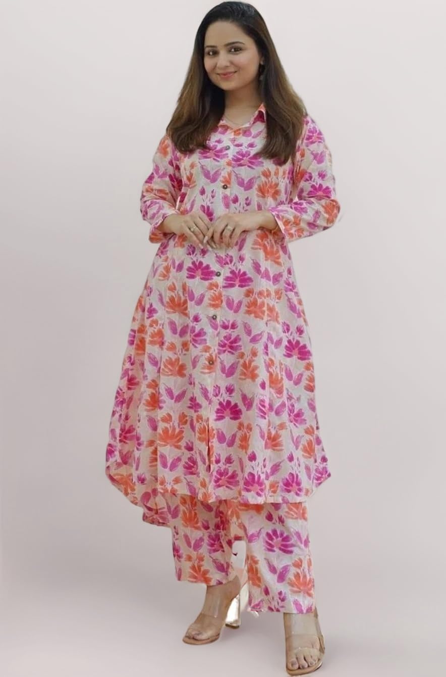 Leriya Fashion Women's Anarkali Rayon Floral Printed Kurta Pant Set | High-Low Hem & 3/4 Sleeves | Ethnic Co-ord for Festive & Casual Wear | Co ord Set For Women Stylish | 2 Piece Dress For Holiday Look & Puja