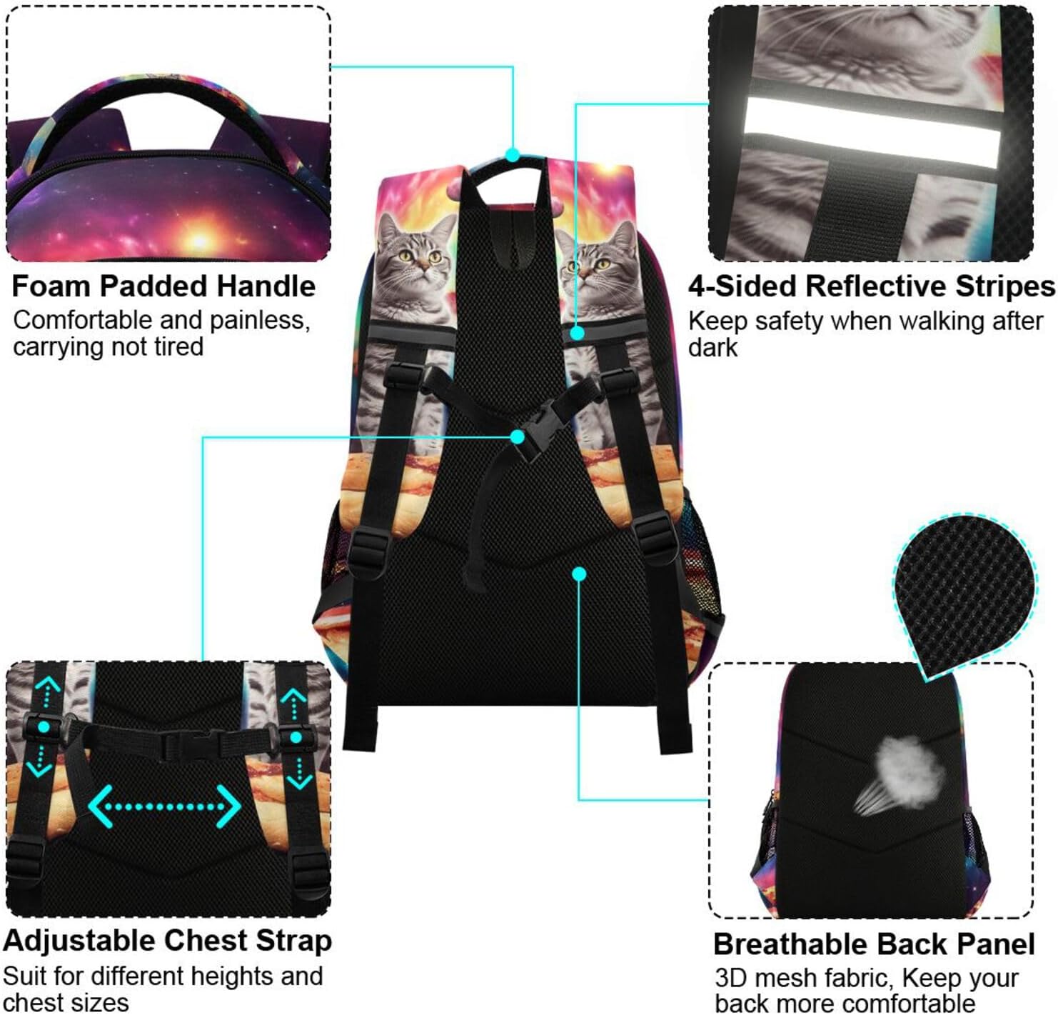Cat Pizza Planets Space Backpack 3rd 4th 5th Grade School Bookbags Travel Laptop Daypack Bag for Boys Girls