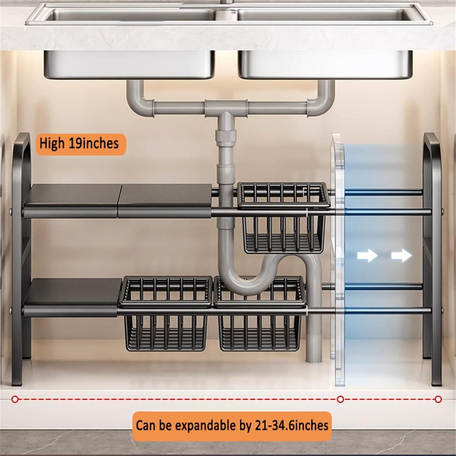 Under Sink Organizers, 2 Tier Stretchable Cabinet Shelf Organizer with 4 Removable Panels and 4 Under Shelf Basket for Under Bathroom Storage,Under Cabinet Shelves,kitchen Sink Storage Rack (black) - Image 5