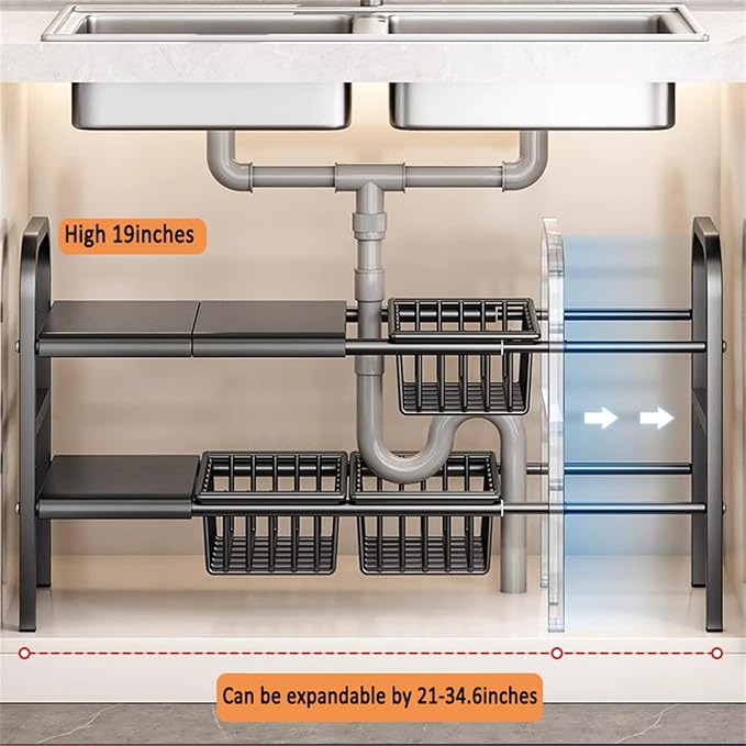 Organizador bajo lavabo, estante extensible de 2 niveles con 4 paneles removibles y 4 canastas debajo del estante para almacenamiento en baño y cocina, color negro miniatura 5