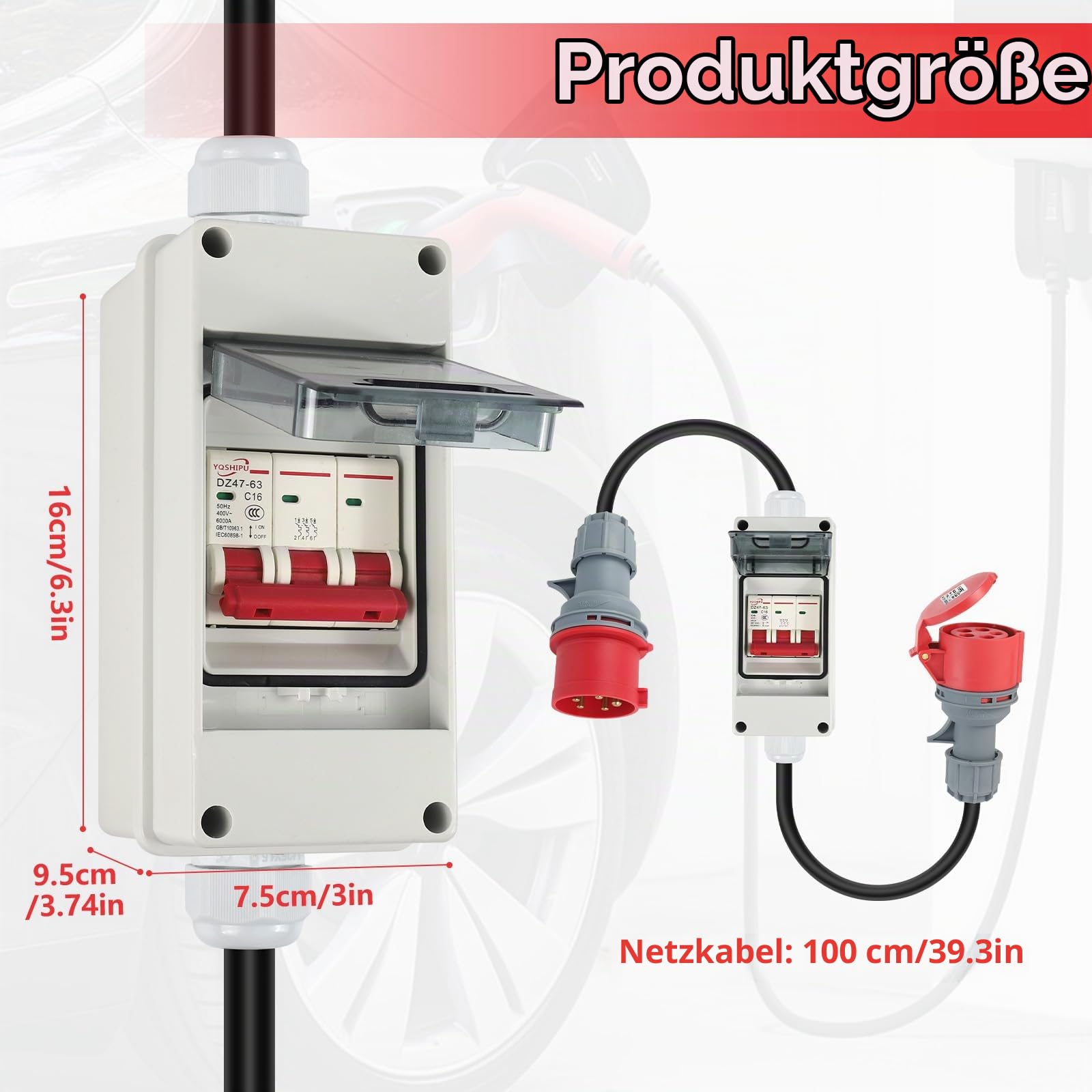 CEE Adapter, 32A auf 16A Adapter mit Leitungsschutzschalter, 5-Poliger 400V Kupplung Starkstrom Adapter, IP 44, CEE Verlängerungskabel 1 M