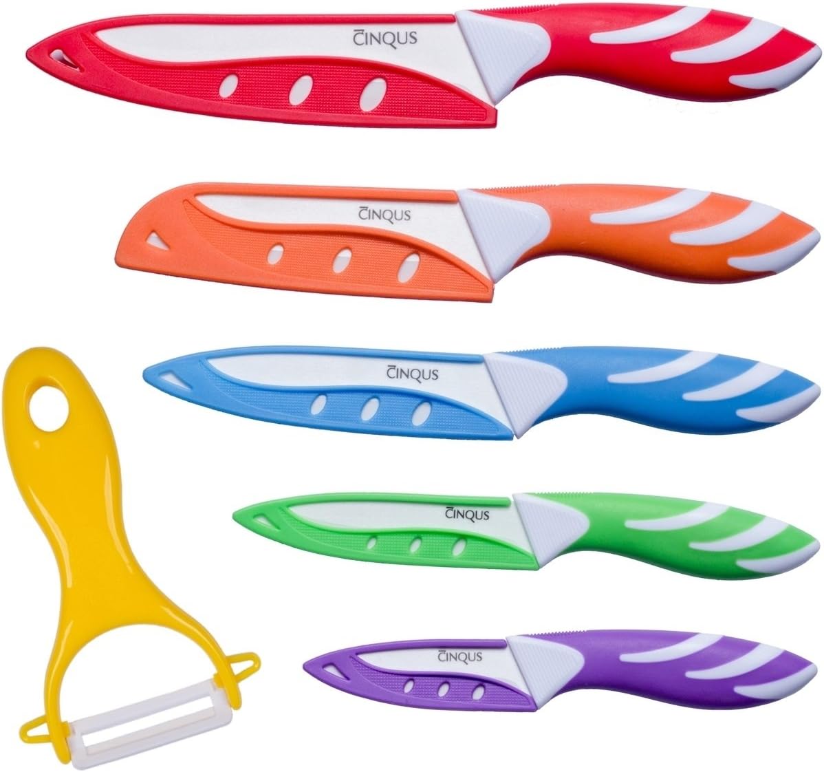 Ceramic Knife Set - 6 Piece Kitchen Knives Ceramic Set with Sheath Covers & Ceramic Peeler – Anti-Bacterial Blade Knives - Includes Paring, Fruit, Utility, Chef & Bread Knife – by CINQUS