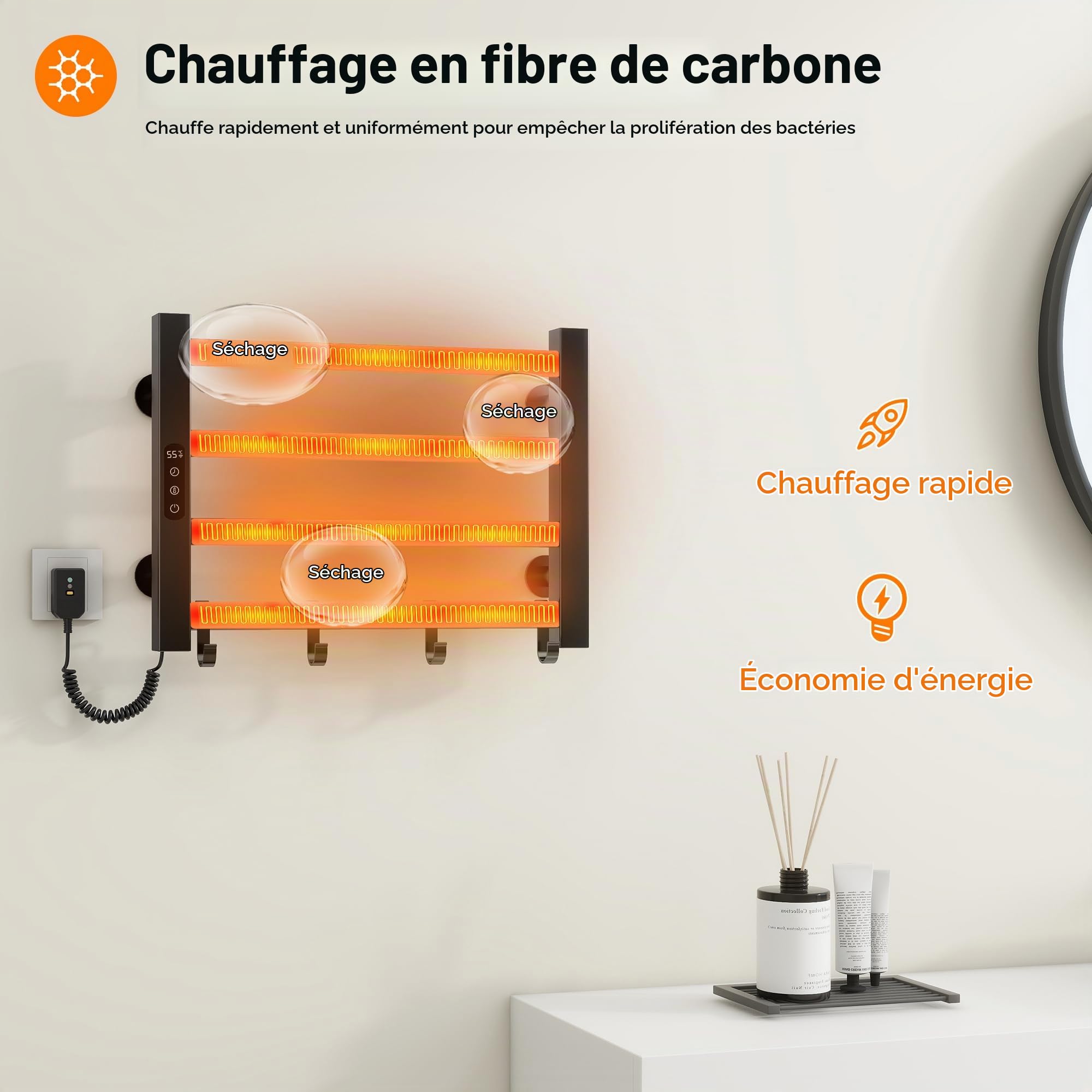 Seche Serviette Electrique 550x350mm Porte Serviettes Chauffant Porte-serviettes électrique intelligent, Étanche IP24, Réglage de la température 30℃-70℃, 1-9 heures de chronométrage-Black Left