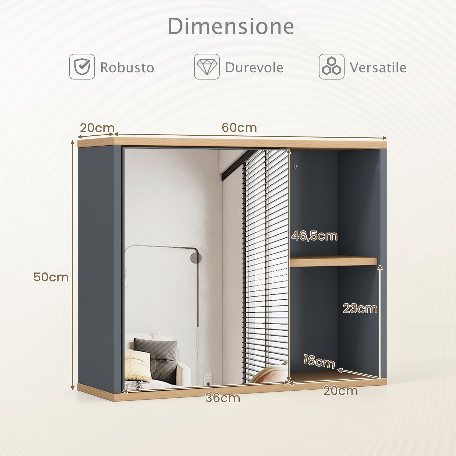 RELAX4LIFE Mobile Bagno con Specchio, Specchiera Salvaspazio con Vano Contenitore, 3 Ripiani Regolabili e 2 Scomparti Aperti, Armadietto Bagno da Parete, 60 x 20 x 50 cm