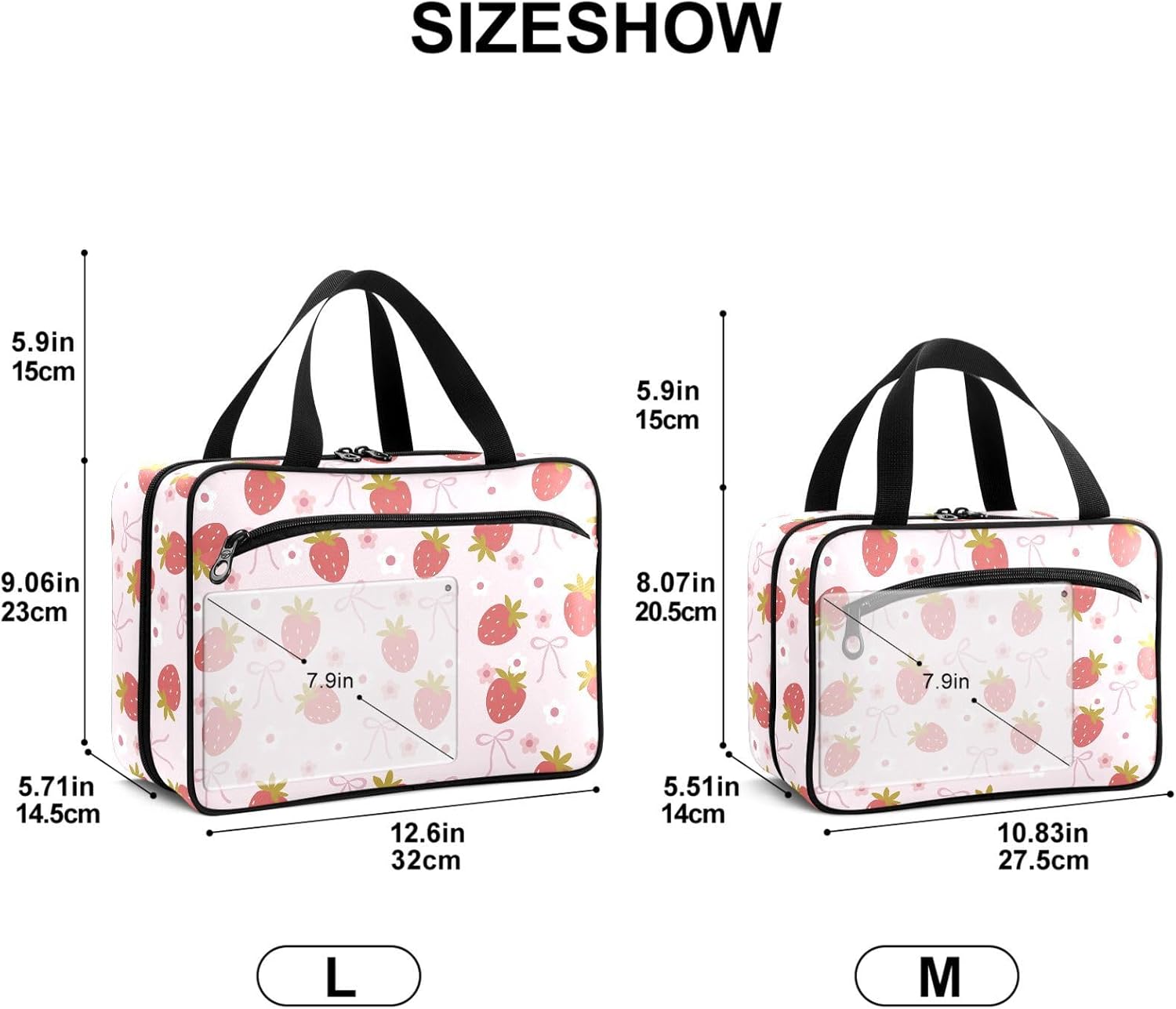 Travel Toiletry Bag for Woman/Men, Cute Strawberry with Bow Floral Light Pink Hanging Organizer Bag with Pockets Portable Folding Travel Case Bags for Makeup Cosmetic Toiletries Storage Traveling-L
