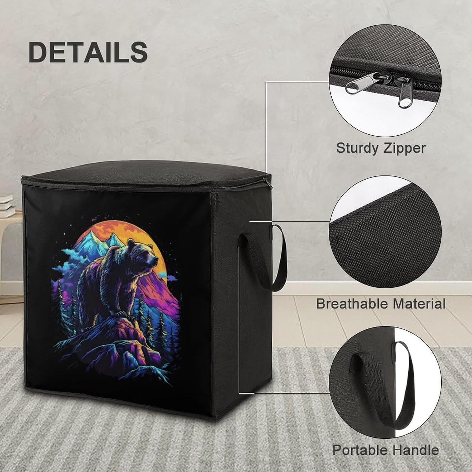Grizzly Bear Sunset Large Comforter Blanket Storage Bags Bins 70L Closet Organizer with Handles