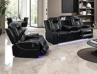 Vista 23 de Juego de Sofá Reclinable Eléctrico, Sofá Seccional de Cuero Negro de 3 Piezas, Juegos de Muebles de Sala de Estar con Luz LED, Juegos Reclinables