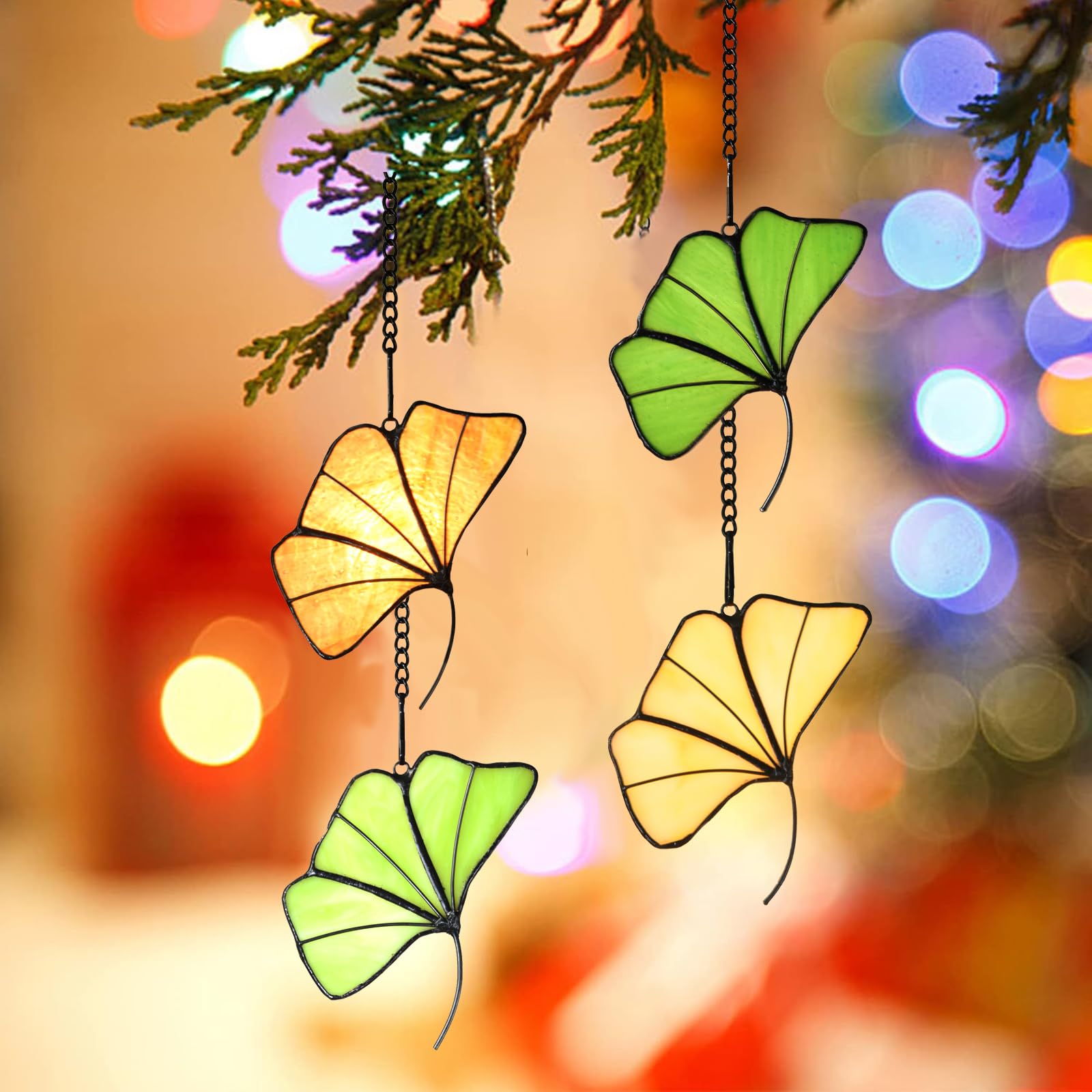 HomeBeauty PA0014 Ginkgoblatt-Sonnenfänger, Buntglas-Fensteraufhängung, Tiffany-Stil, Blätter, Dekorationen, Geschenke (Ginkgo-Blatt, 4 Stück)