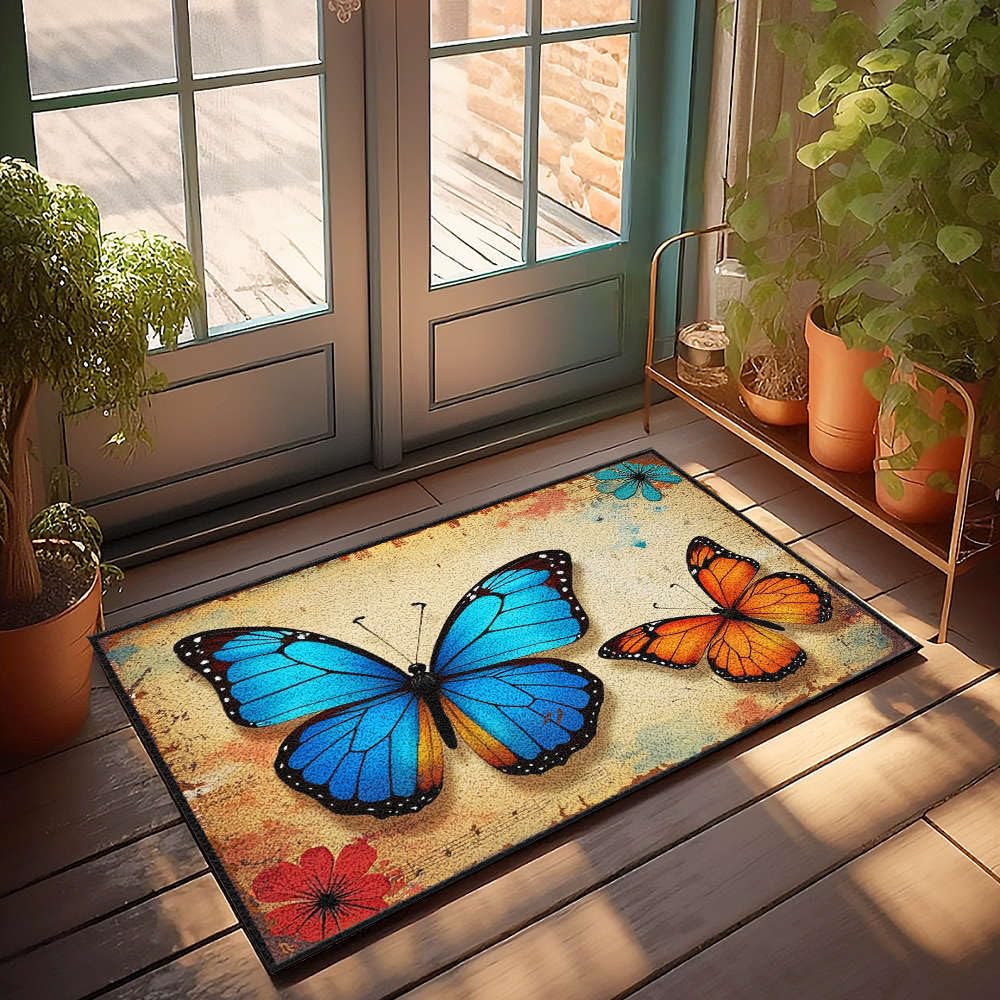 Paillasson papillons bleus orange 65x90 cm antidérapant pour garçon