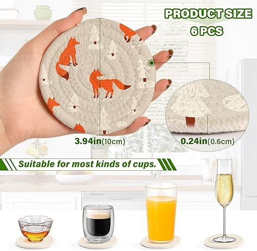 Miniatura 3 de Winter Forest Foxes - Paquete de 6 posavasos de algodón tejido absorbente, decoración de barra de café, 3.94 pulgadas