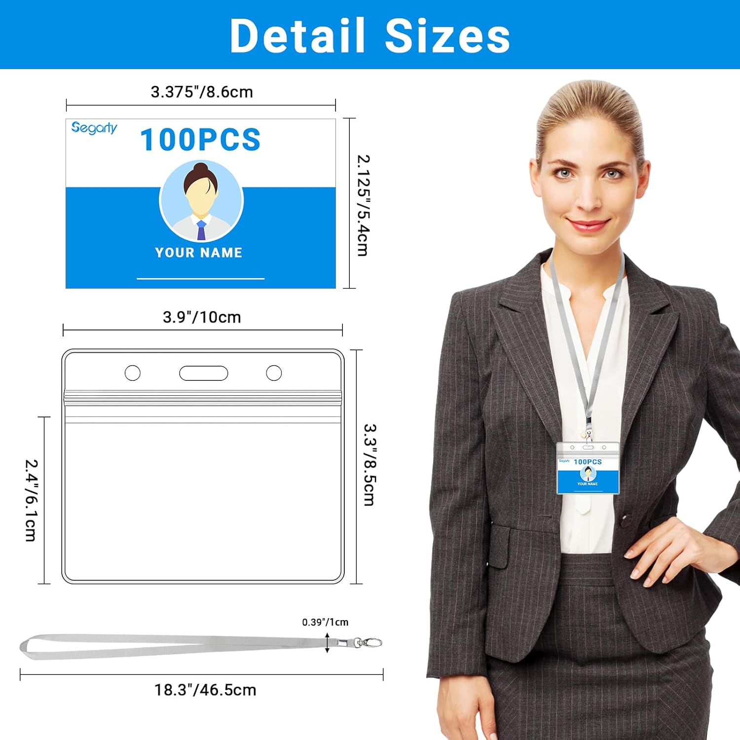 Segarty Lanyards with ID Holder, 100 Pack Horizontal Clear Plastic Badge Name Tag Key Card Holders, Light Grey Strap Clips Waterproof Ziplock Nametag Protector for Teacher, Student, Nurse, Doctor