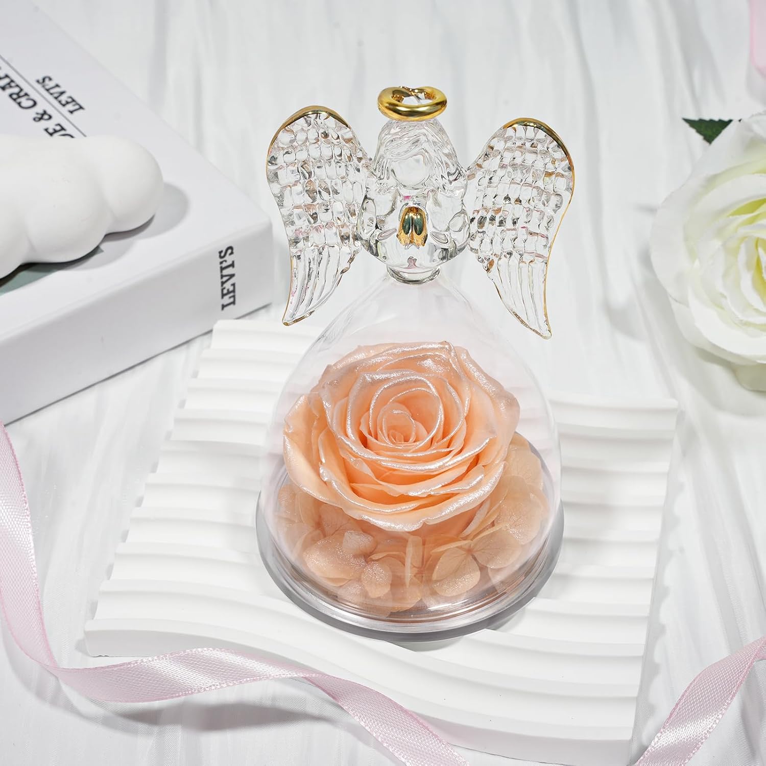 Sunia Valentines Day Rose Gifts for Women, Birthday Gifts for Mom Grandma, Forever Preserved Flower in Glass Angel Figurines Flowers for Delivery Prime, Mothers Day Real Roses for Her Wife - Image 7