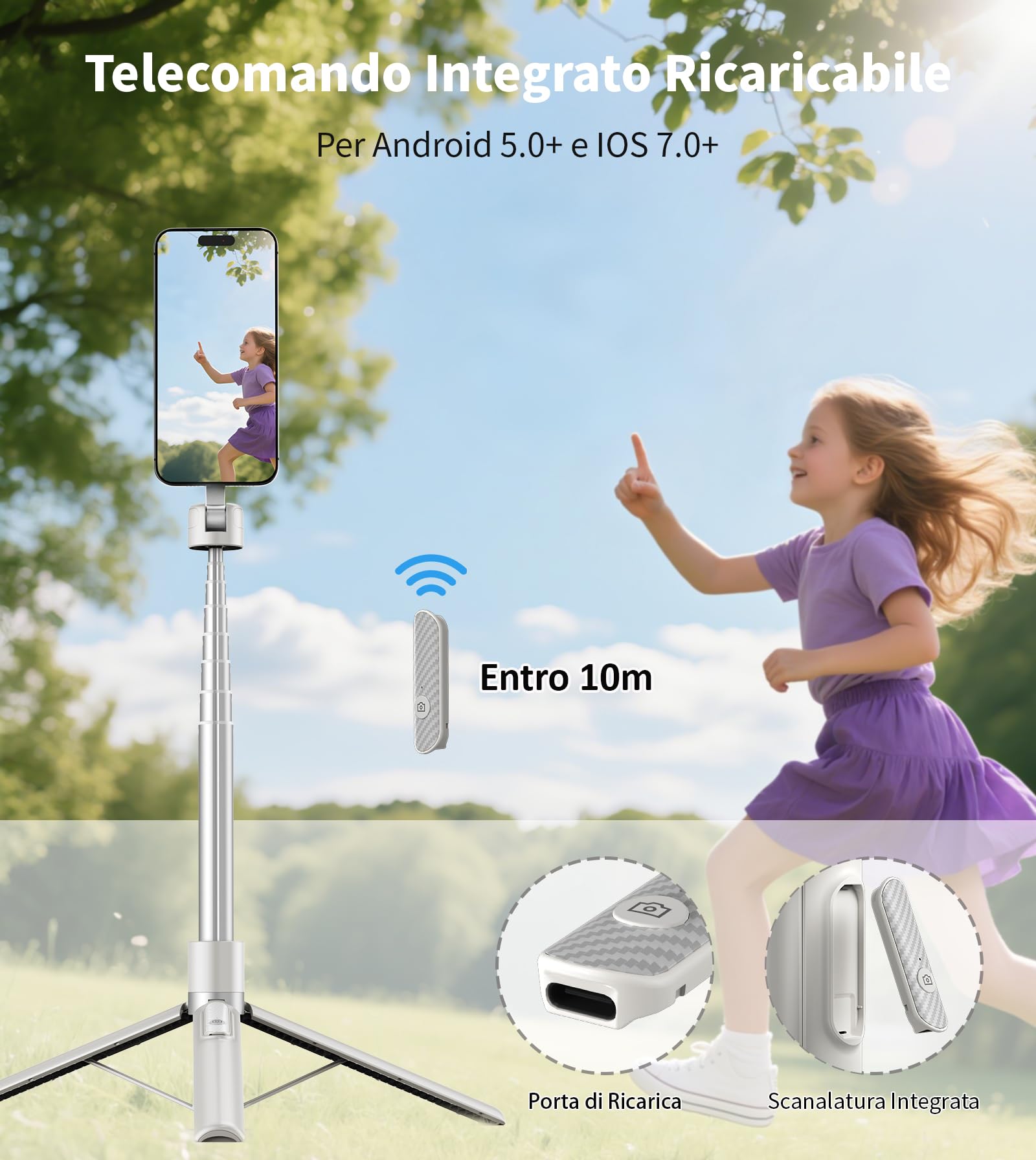 TONEOF 173cm Bastoni Selfie Treppiede Magnetico,Supporto Magnetico in Alluminio Resistente, Rotazione a 360°,Treppiede Viaggio Retrattile con Anello in Metallo&Telecomando,Monopiede per Telefoni