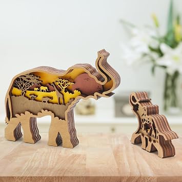 Elephant and Mountains Layered Wooden Carved Ornament, 3D Decor Forest Animal Multi-Layered, for Girls Boys Birthday Gift, Housewarming Gift, Christmas Decor