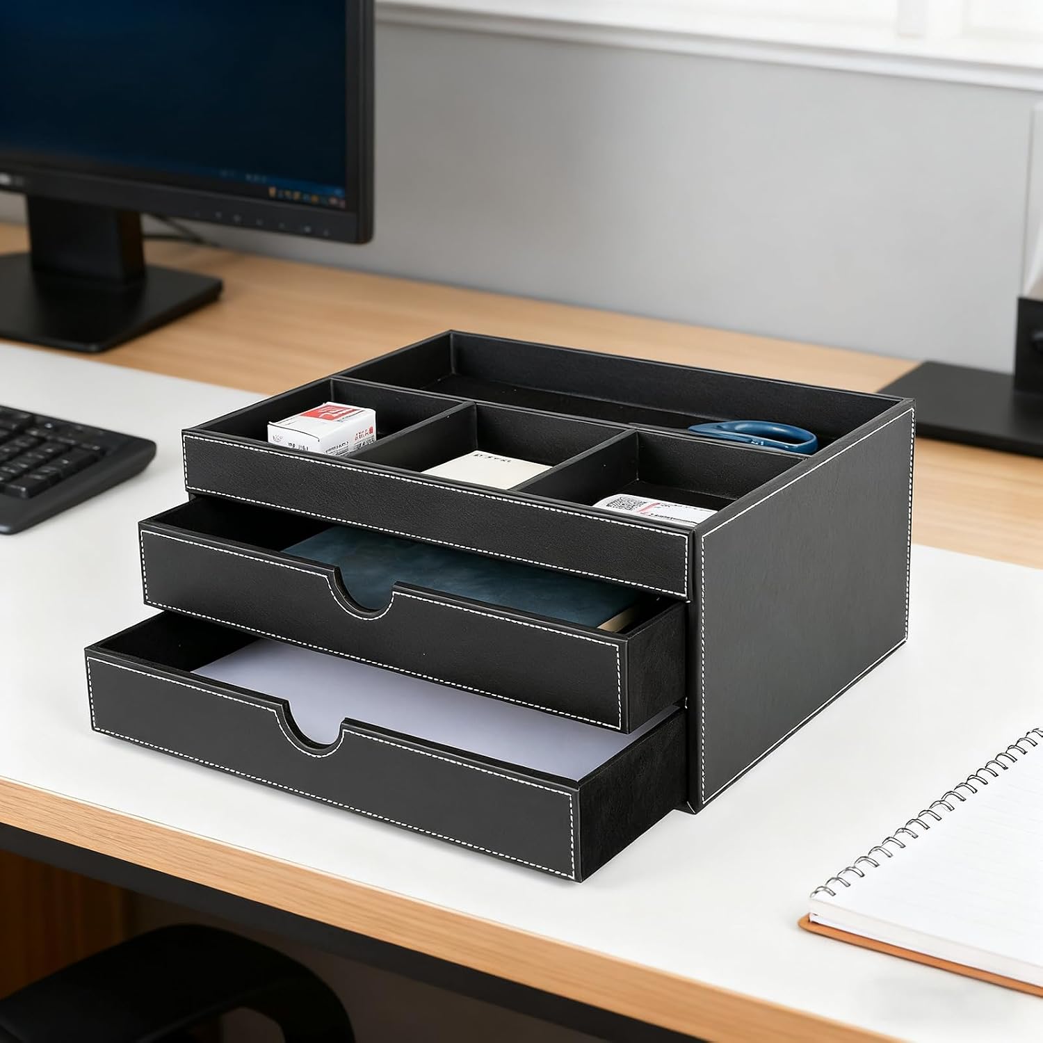 Home Multifunctional Bag Drawer Organizer, Leather Office Filing Cabinet with four Independent Organizers, and Storage Cabinet on the Bedside Table in the Guest Room