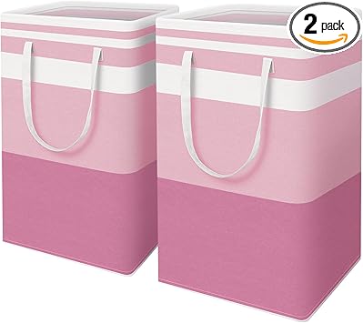 HomeHacks 2 Pack Large Laundry Baskets, Waterproof, Freestanding Laundry Hampers, Collapsible Clothes Hamper with Reinforced Handles in Laundry, College Dorm, Bathroom, Bedroom (Pink, 88Lx2)
