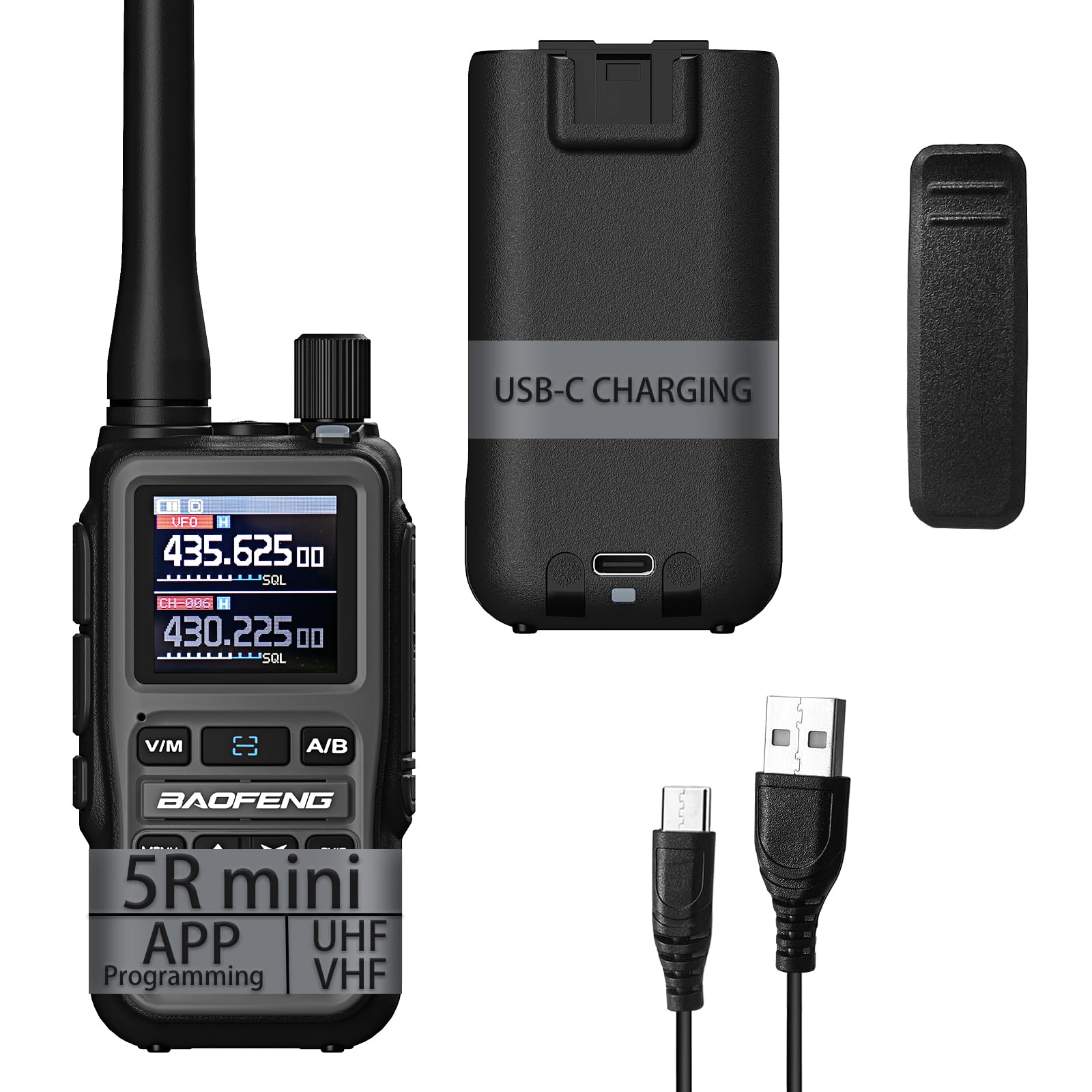 Walkie Talkie Baofeng GT-5R Mini - 5W Doble Banda UHF/VHF, Programación Por App Bluetooth, 999 Canales, Carga USB-C
