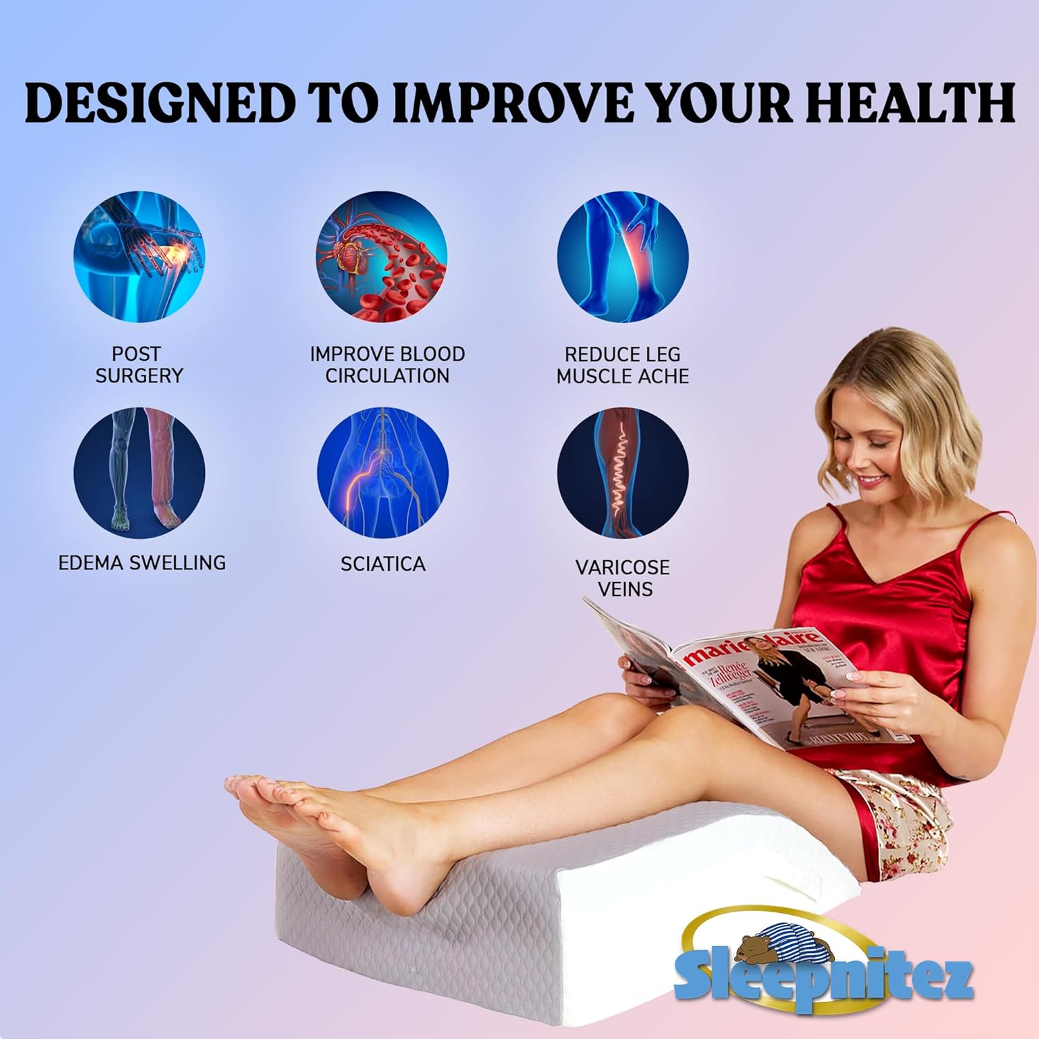 Sleepnitez Bed Wedge Leg Elevation Pillows for After Surgery, Memory Foam Leg Elevating Pillow for Both Legs, Back Hip Foot Ankle Pain Relief, Sciatica, Edema Relief Washable Cover