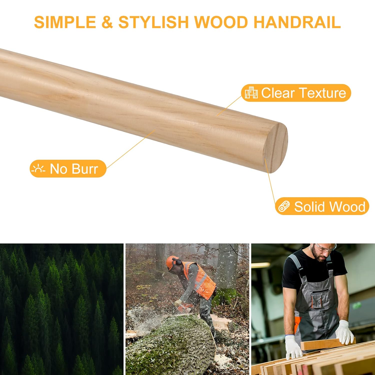 ROTHLEY Pipe Handrails for Indoor Stairs: 6.6FT Stair Railing Wood Hand Railings for Stairs Indoor Wall Mount Stair Handrail 1.6" Round Wooden Stair Railing for Elderly & Kids (Pine)