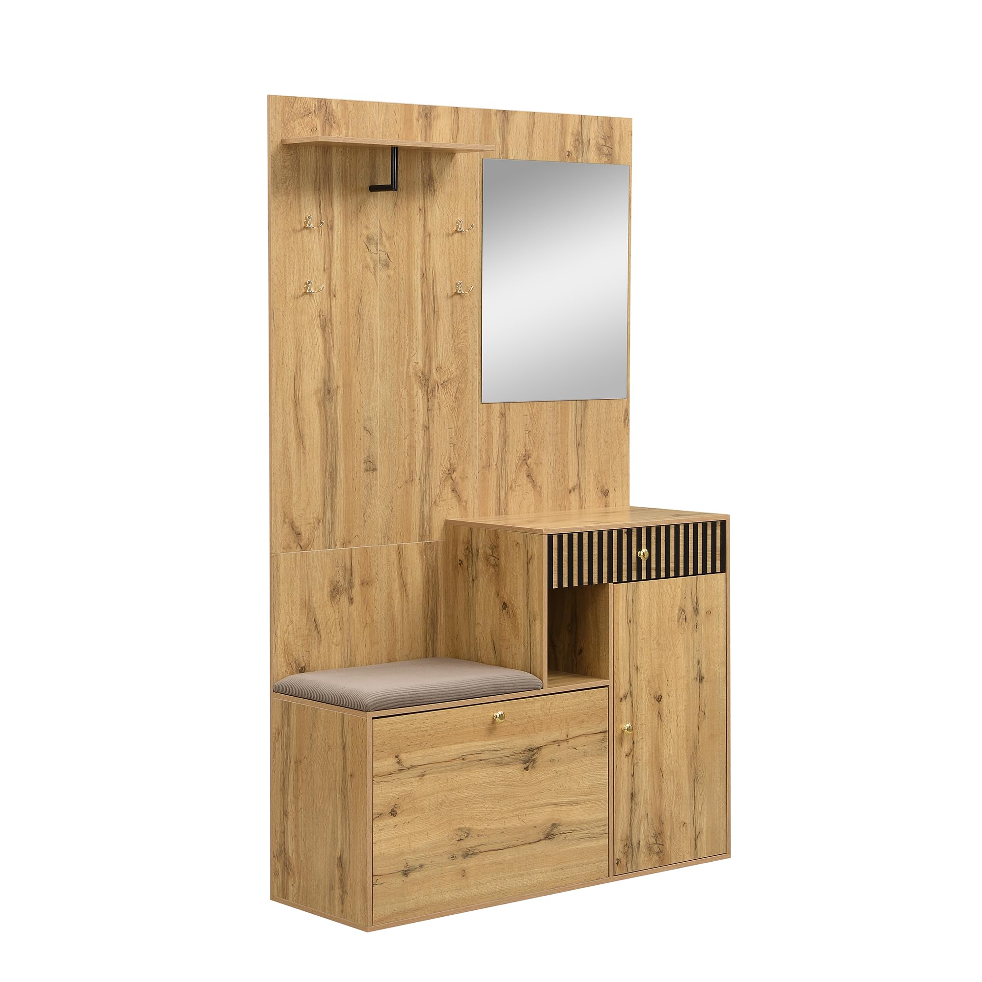 Set de perchero, perchero compacto, perchero de entrada con espejo y cojín acolchado, armario de entrada, mueble de salón, estante, paneles de perchero de entrada y vestíbulo, zapatero, 110 x 185,5 x
