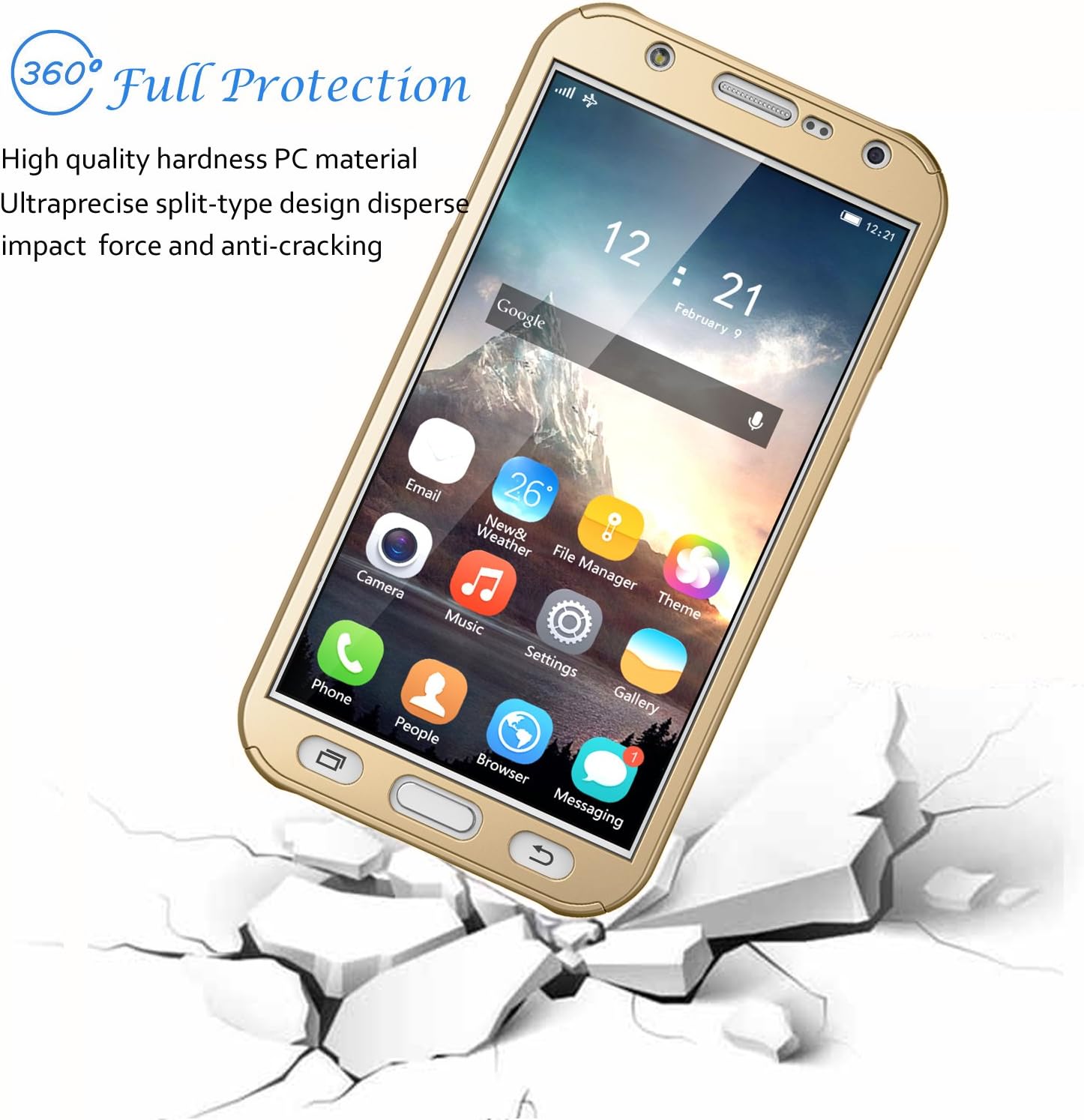 Tekcoo for Galaxy J7 Case, [T360 HY] Ultra Thin Full Body Coverage Protection Scratch Proof Hard Slim Hybrid Cover Shell with Tempered Glass Screen Protector for Samsung Galaxy J7 SM-J7008 [Gold]