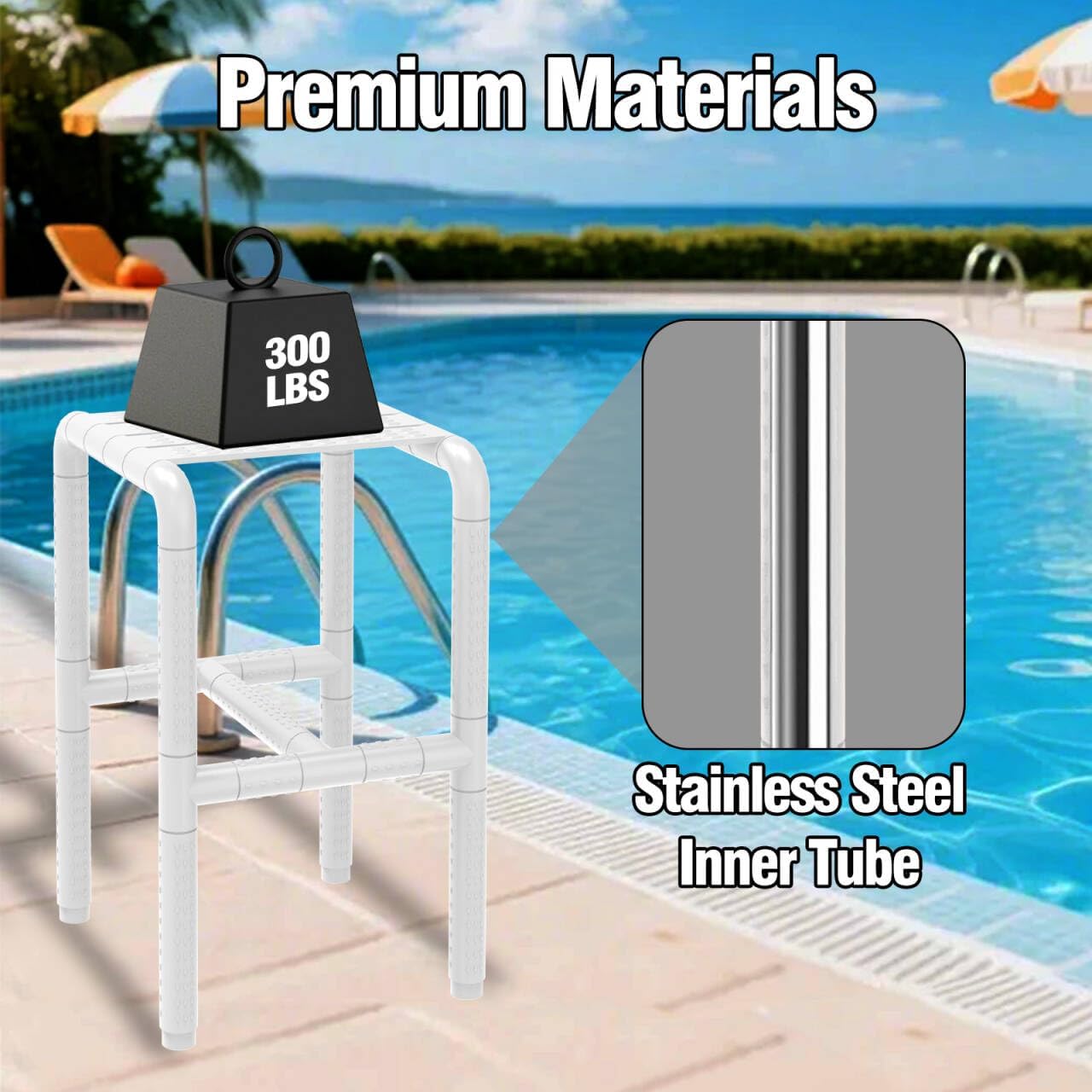 24 Inch Underwater Pool Stool for in-Pool Seating & Relaxation, Heavy Duty Submerged Pool Chair for in Pool, Ideal for Pool Lounging, Pool Bar, Poolside Chair with Foot Rest for Edge of Pool (White)
