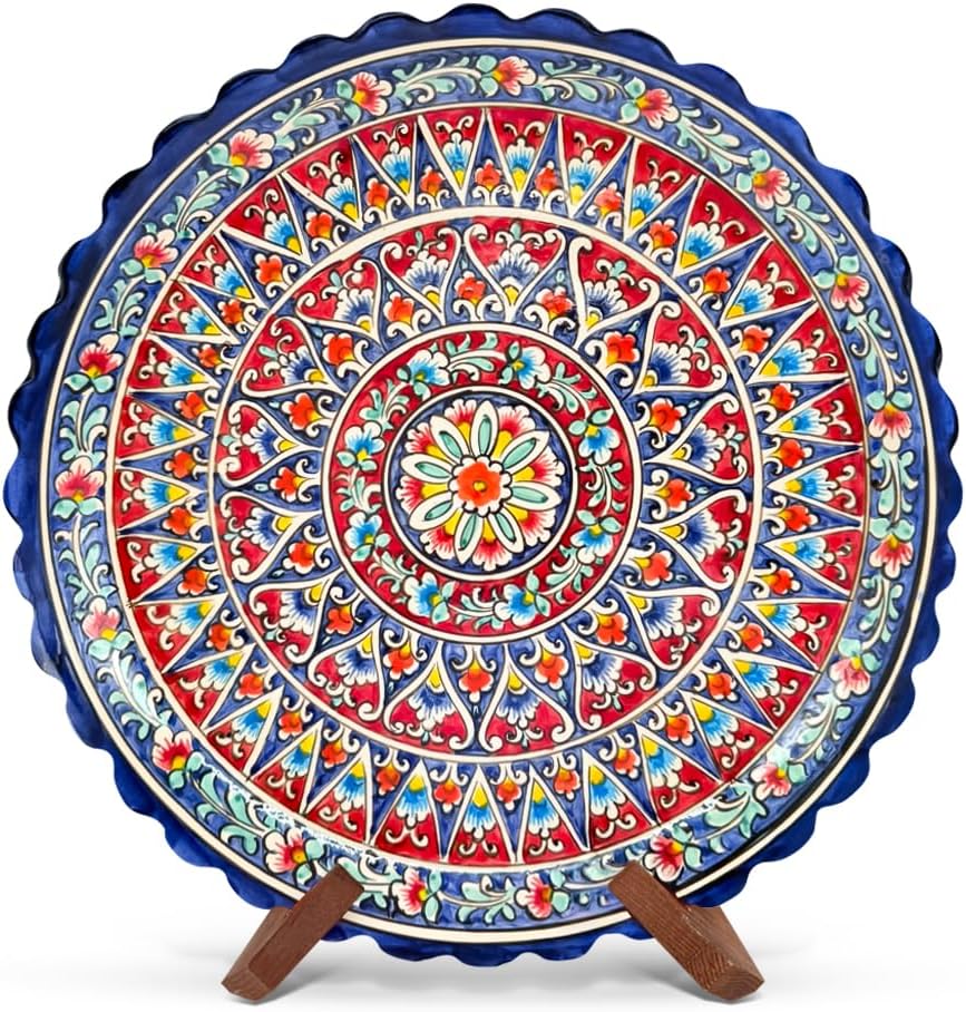 Oriental Lagan 37 cm Plate KaraKalam L  - Handmade Rischtan Ceramic Plate - Uzbek Serving Plate Hand Painted - Elegant Design for Plov & Side Dishes