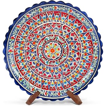 Oriental Lagan 37 cm Plate KaraKalam L  - Handmade Rischtan Ceramic Plate - Uzbek Serving Plate Hand Painted - Elegant Design for Plov & Side Dishes